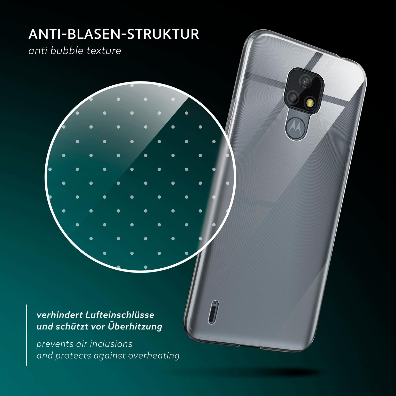 Transparente Handyhülle mit einem Telefon. Der Hintergrund ist ein dunkelgrüner Farbverlauf. Es gibt eine Anti-Blasen-Textur.