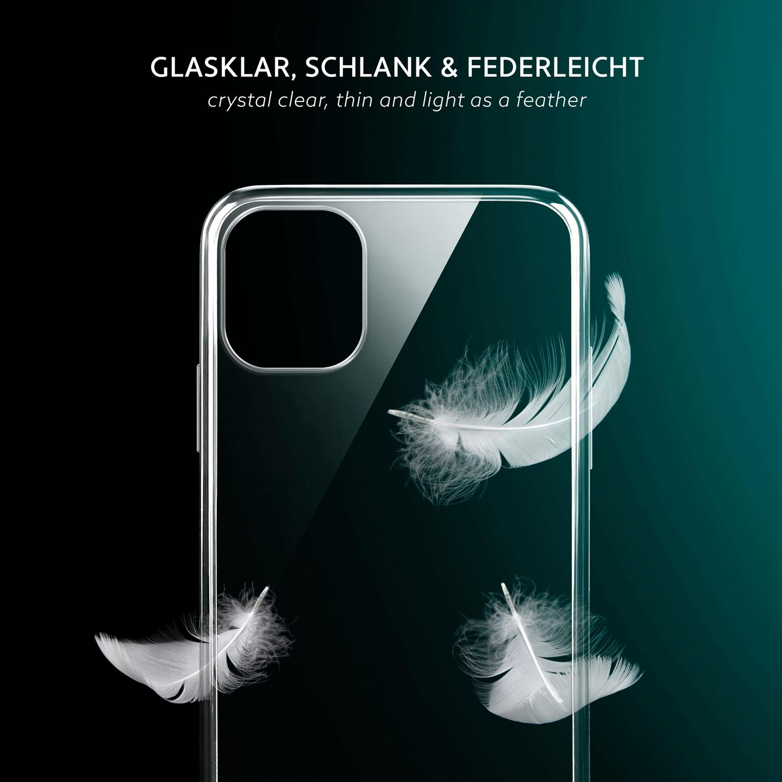 Transparente Handyhülle mit drei weißen Federn, die vor türkisfarbenem Hintergrund schweben.