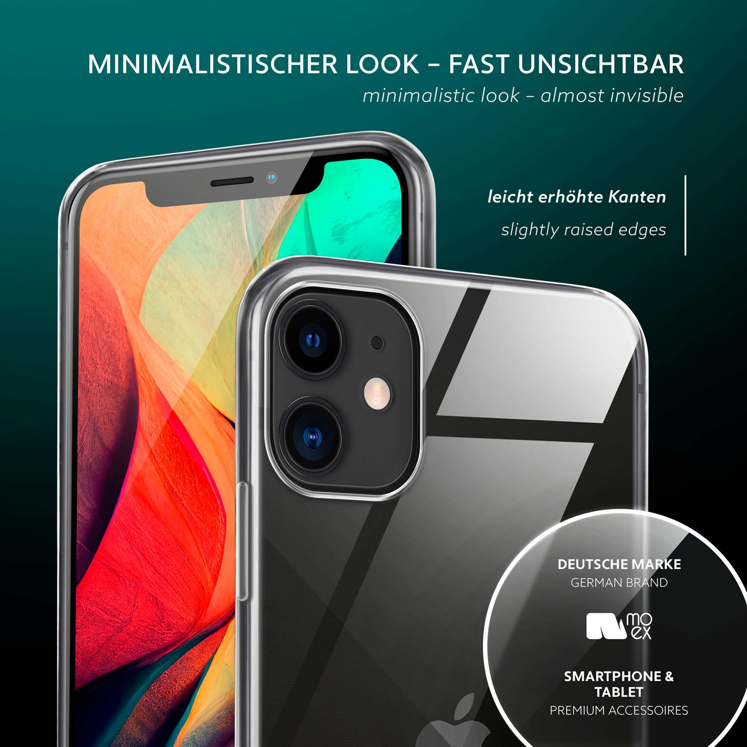 Zwei Telefone in transparenten Hüllen. Der Hintergrund ist ein dunkelgrüner Farbverlauf. Eines hat eine Kamera, das andere eine Kamera.