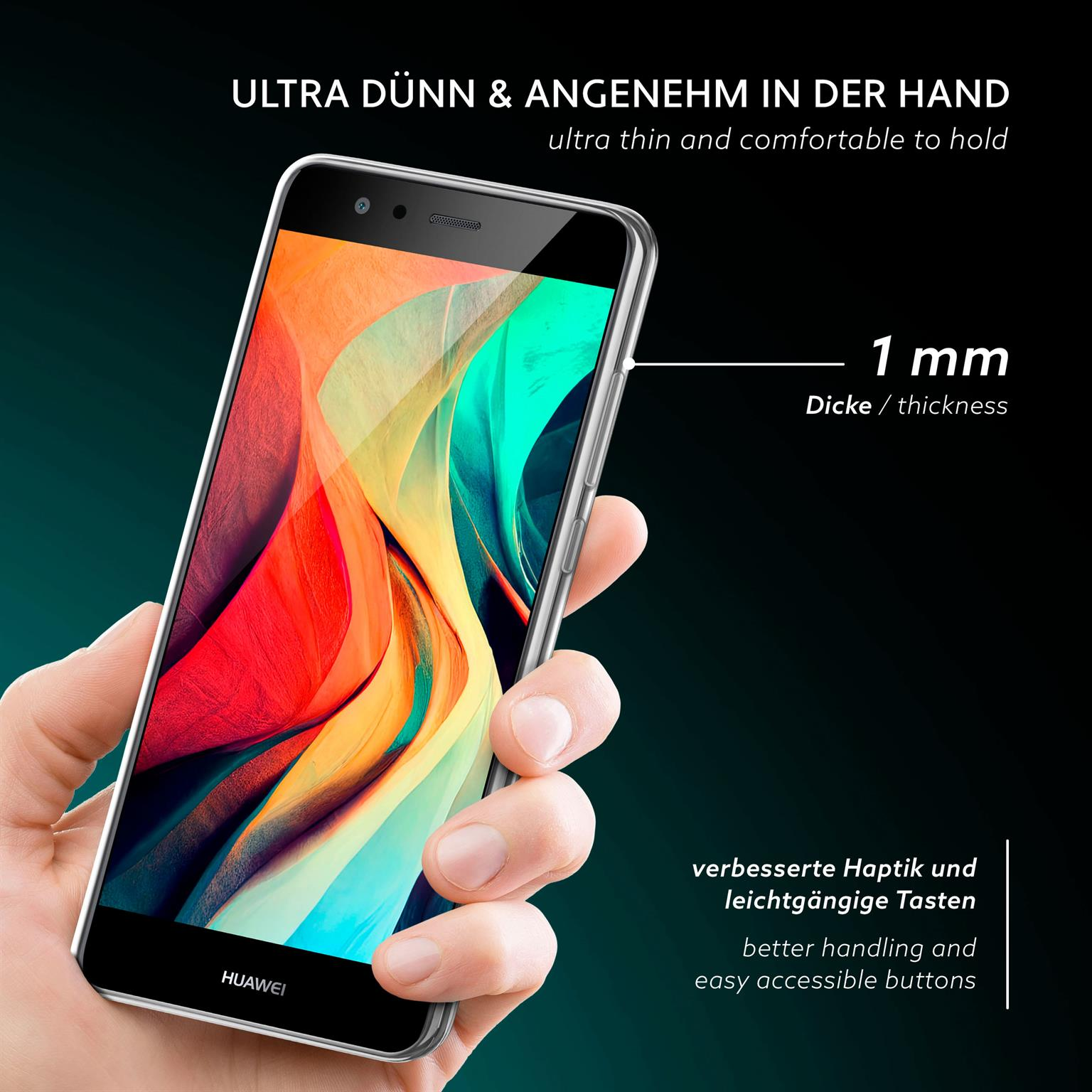 Ein Telefon in der Hand, zeigt eine klare Handyhülle und der Bildschirm des Telefons ist eingeschaltet und farbenfroh.