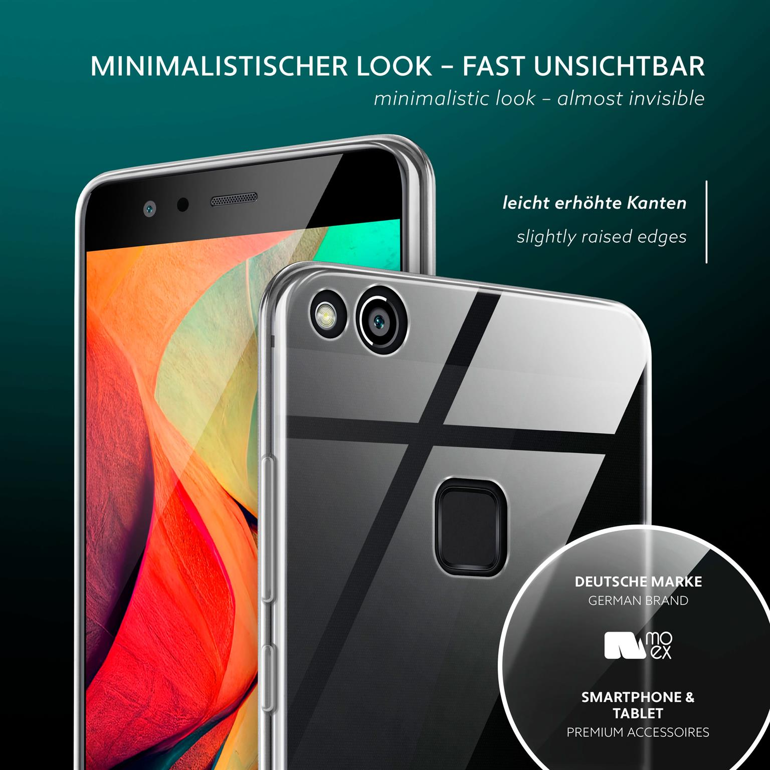 Zwei Telefone, transparente Hülle, Text über minimalistisches Aussehen, leicht erhöhte Kanten.