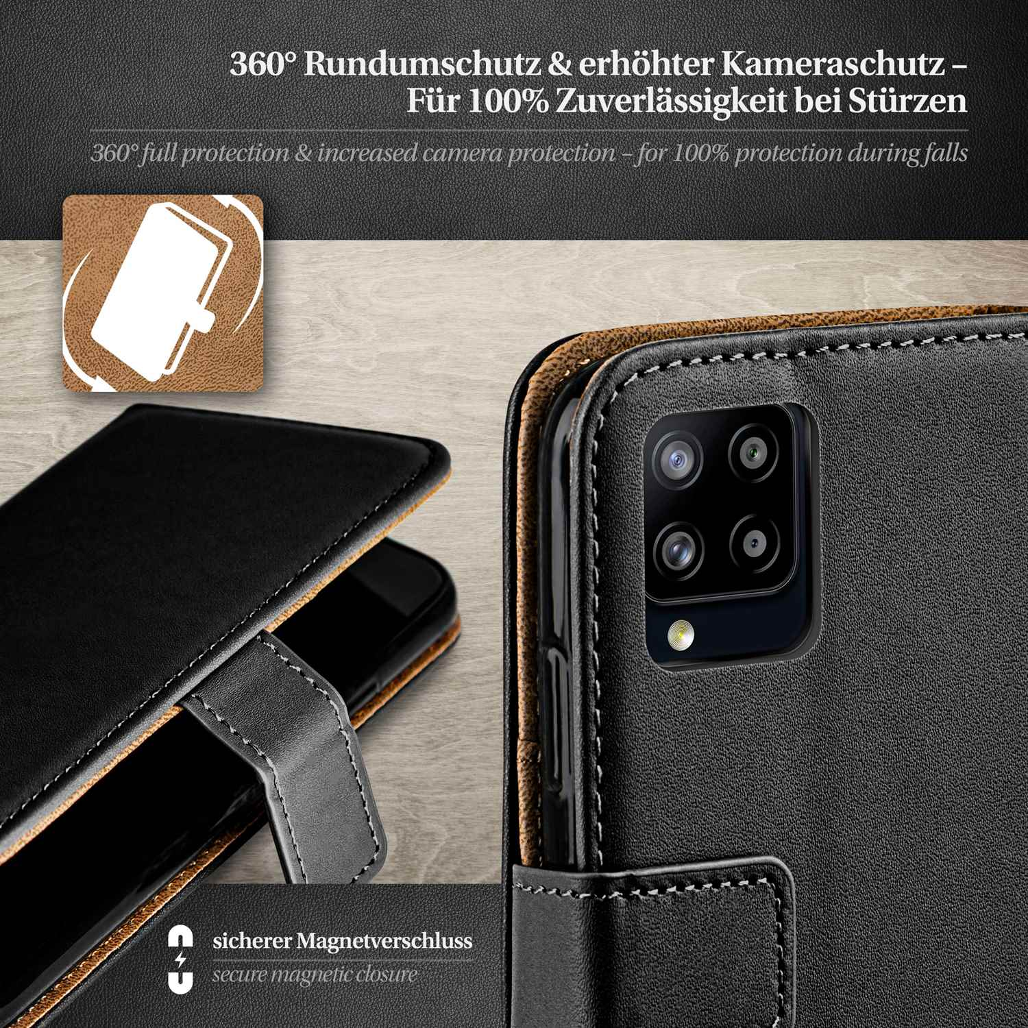 Schwarzes Telefon in einer Hülle mit geschlossenem Magnetverschluss. Die Hülle ist geöffnet, ein Telefon wird gezeigt.