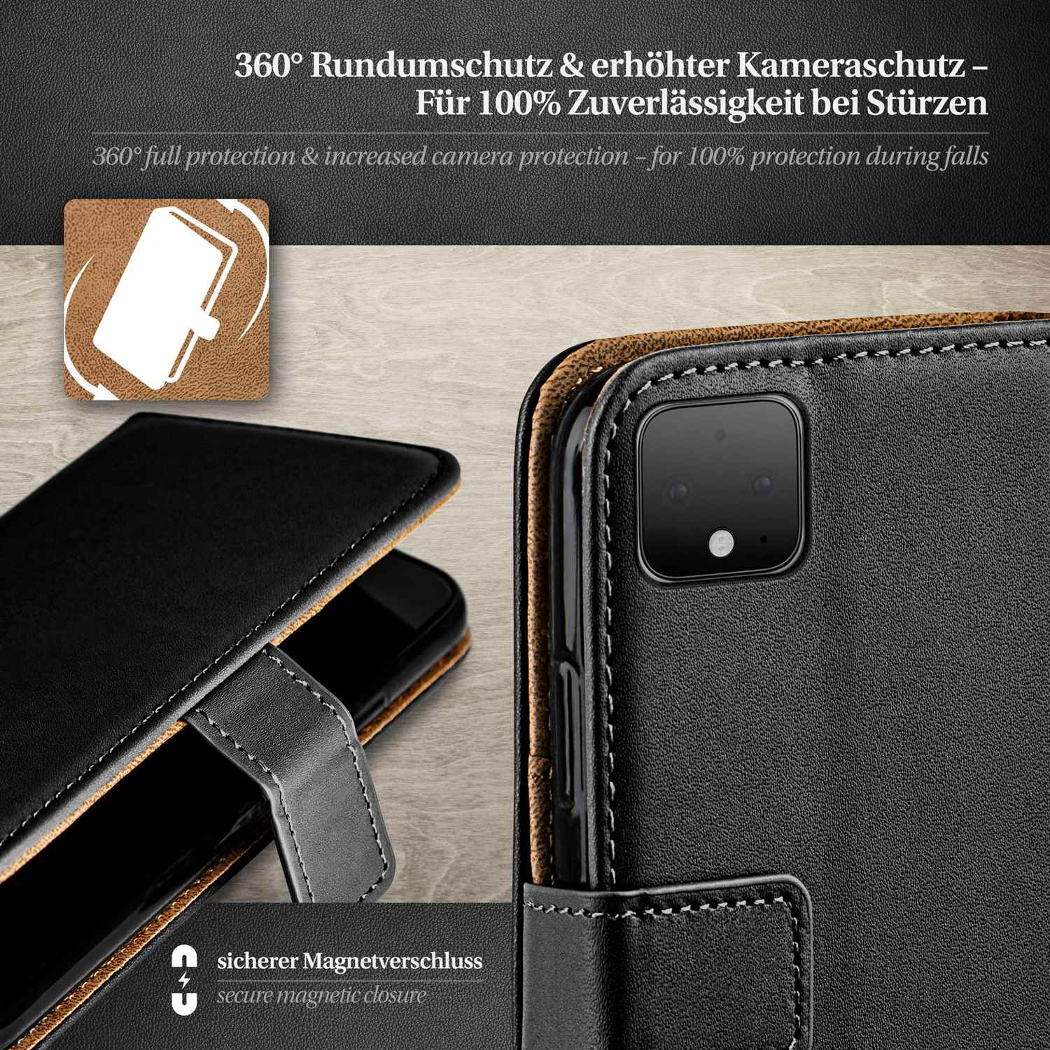 Schwarze Leder-Handyhülle mit Telefon, Ecke sichtbar, sicherer Magnetverschluss.