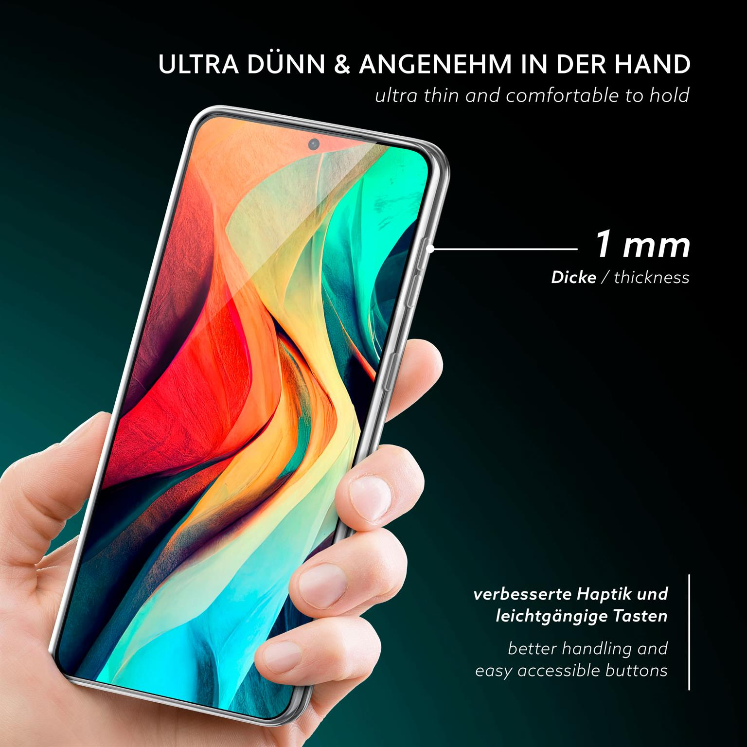 Hand hält transparente Handyhülle mit Smartphone. Text besagt 1mm Dicke.