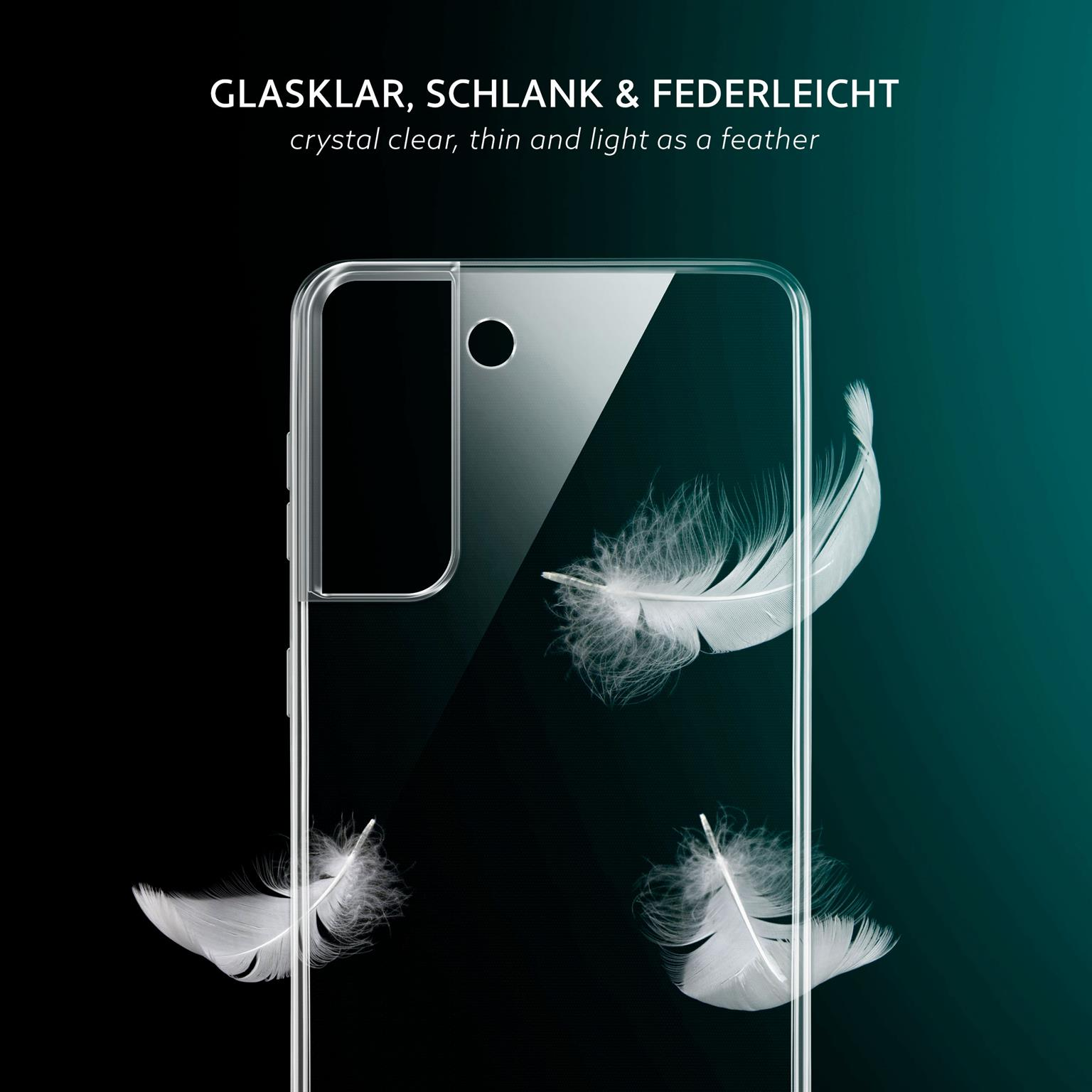 Eine transparente Handyhülle mit drei weißen Federn vor dunklem tealfarbenem Hintergrund.