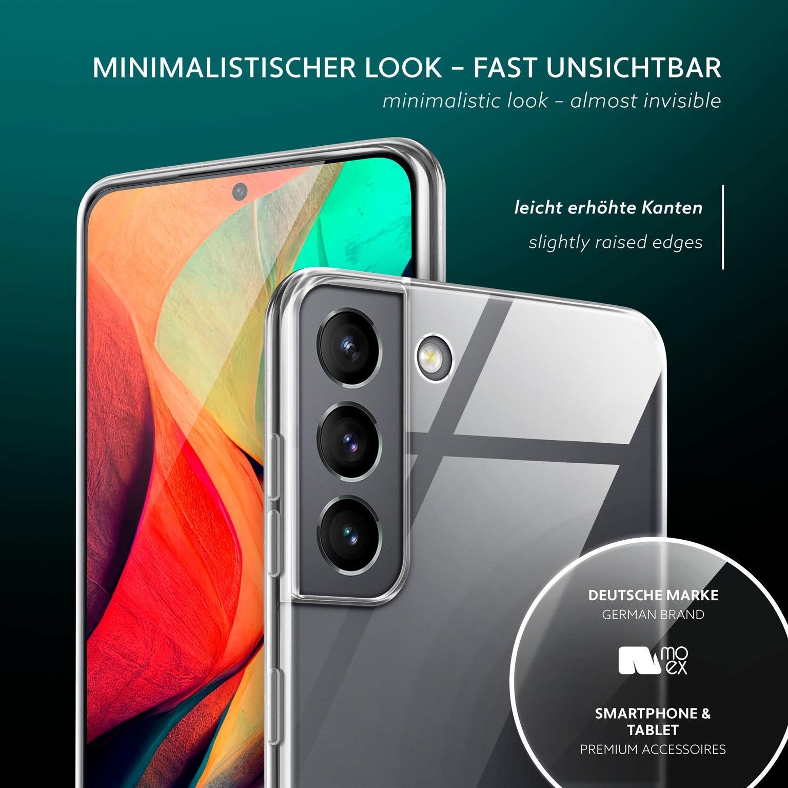 Transparente Handyhülle über einem Telefon mit Kameralinsen. Text auf Deutsch.