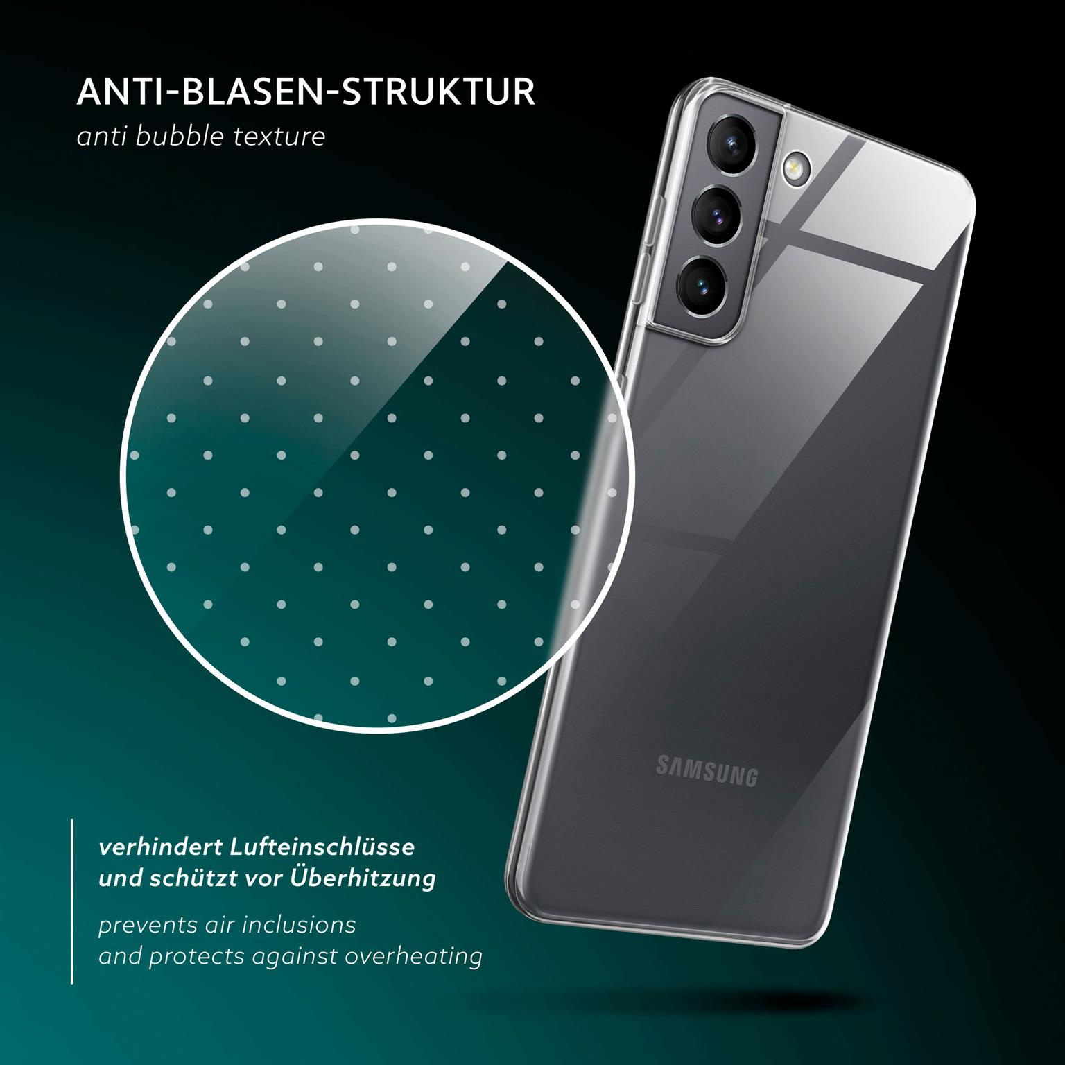 Transparente Handyhülle mit Anti-Blasen-Struktur. Telefon geneigt, Samsung-Logo sichtbar.