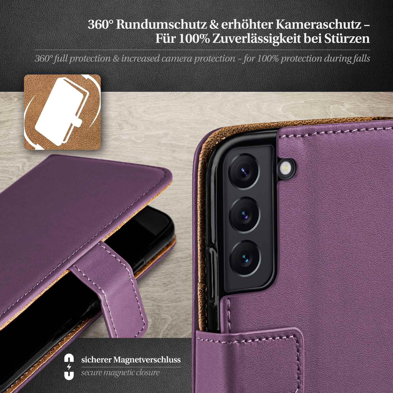 Lila Handyhülle zeigt Kamera und Magnetverschluss. Text: 360° Rundumschutz, sicherer Magnetverschluss.
