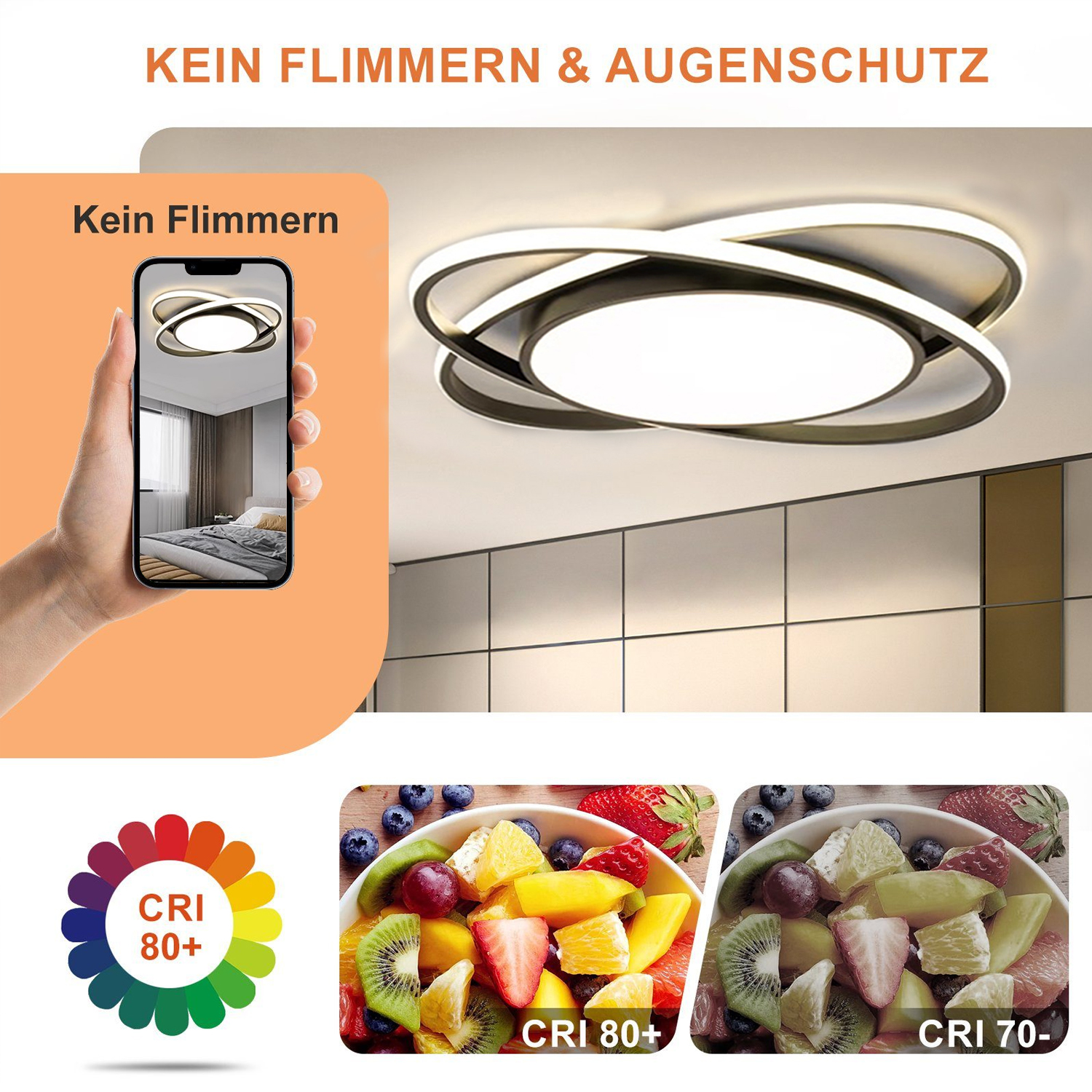 Moderne Deckenleuchte. Hand, die Telefon mit Licht hält. Früchte in Schalen mit CRI-Werten.