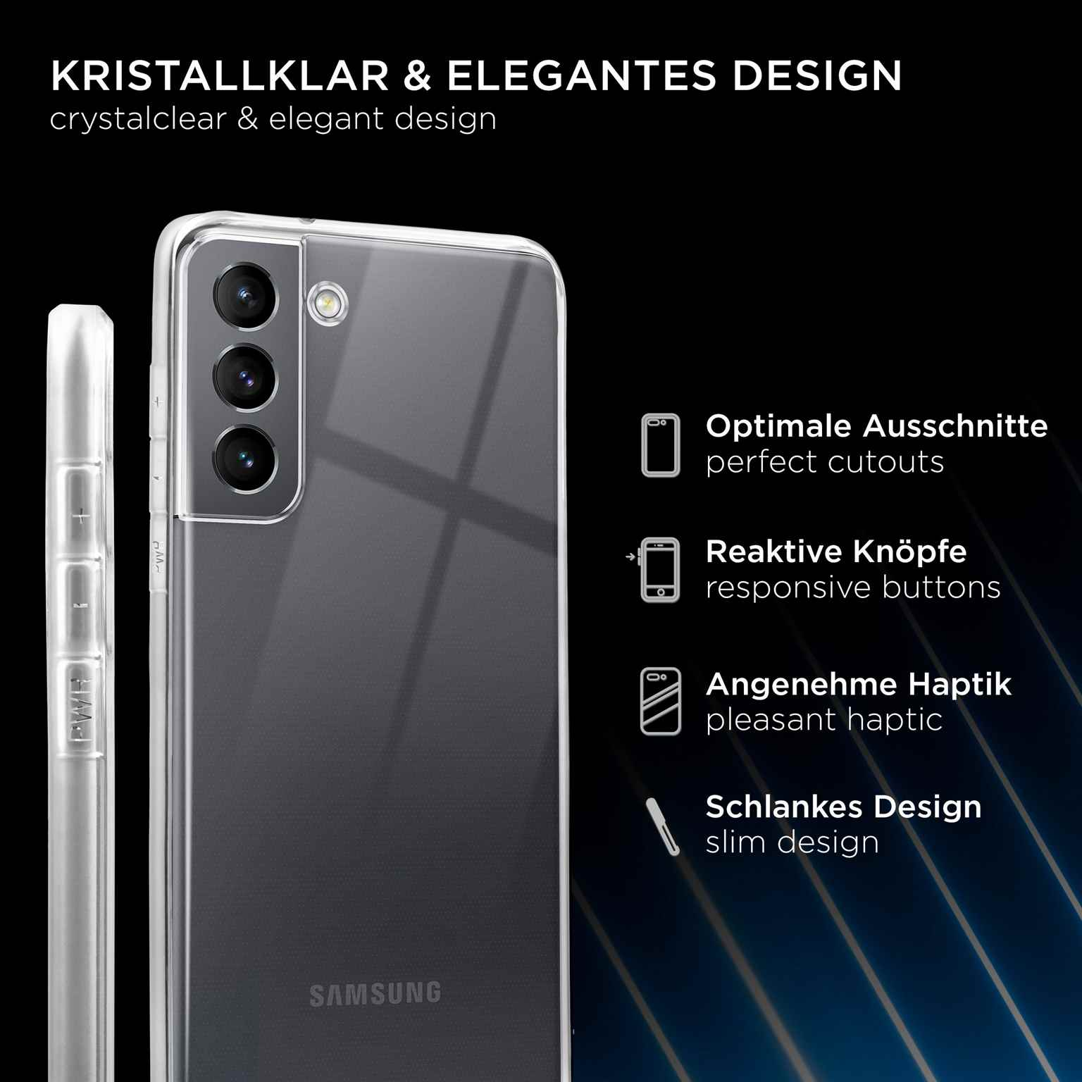 Samsung-Telefon in klarer Hülle mit Aussparungen, Knöpfen und schlankem Design.