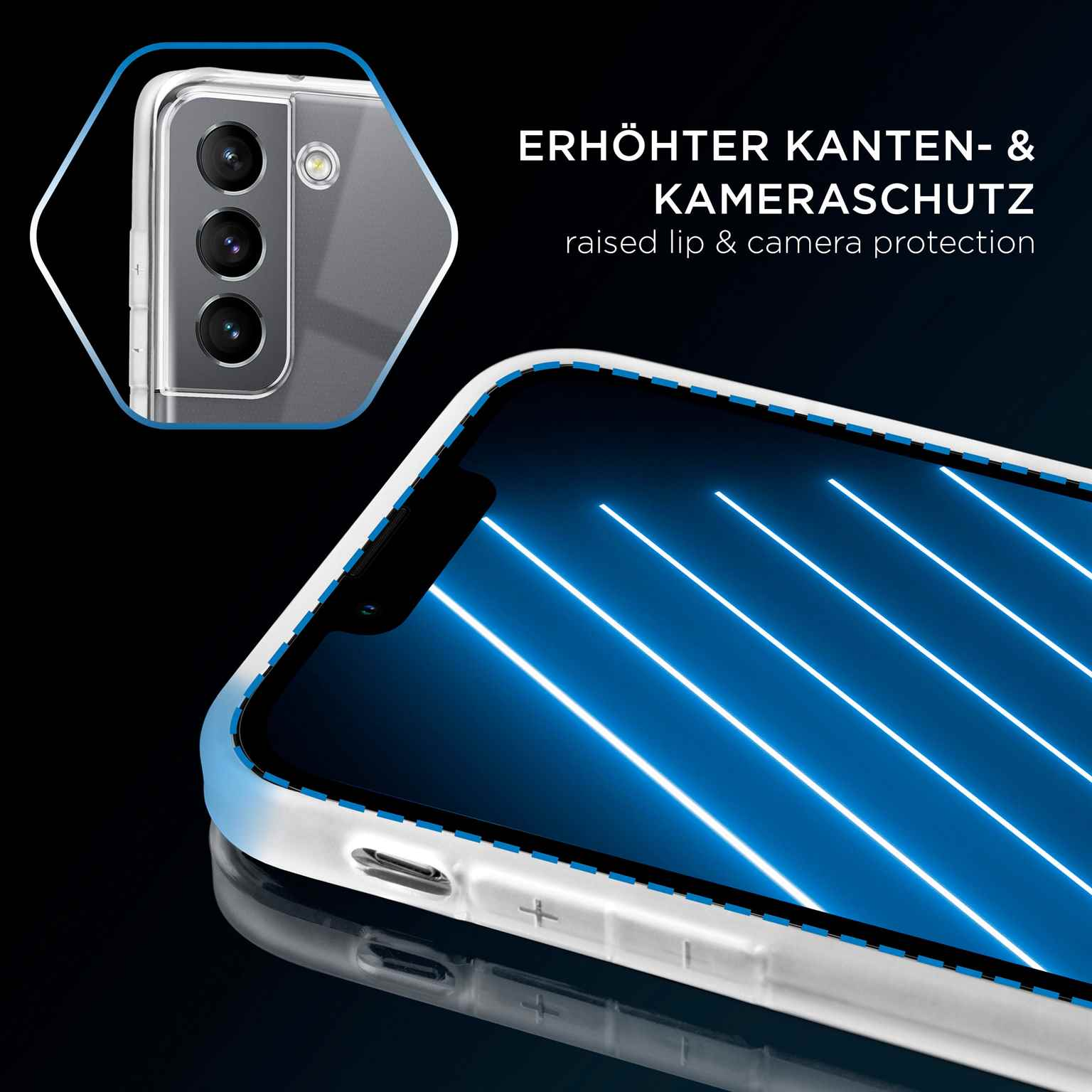 Telefon in klarer Hülle, mit Kameradetail und blauem Lichtmuster auf dem Bildschirm.