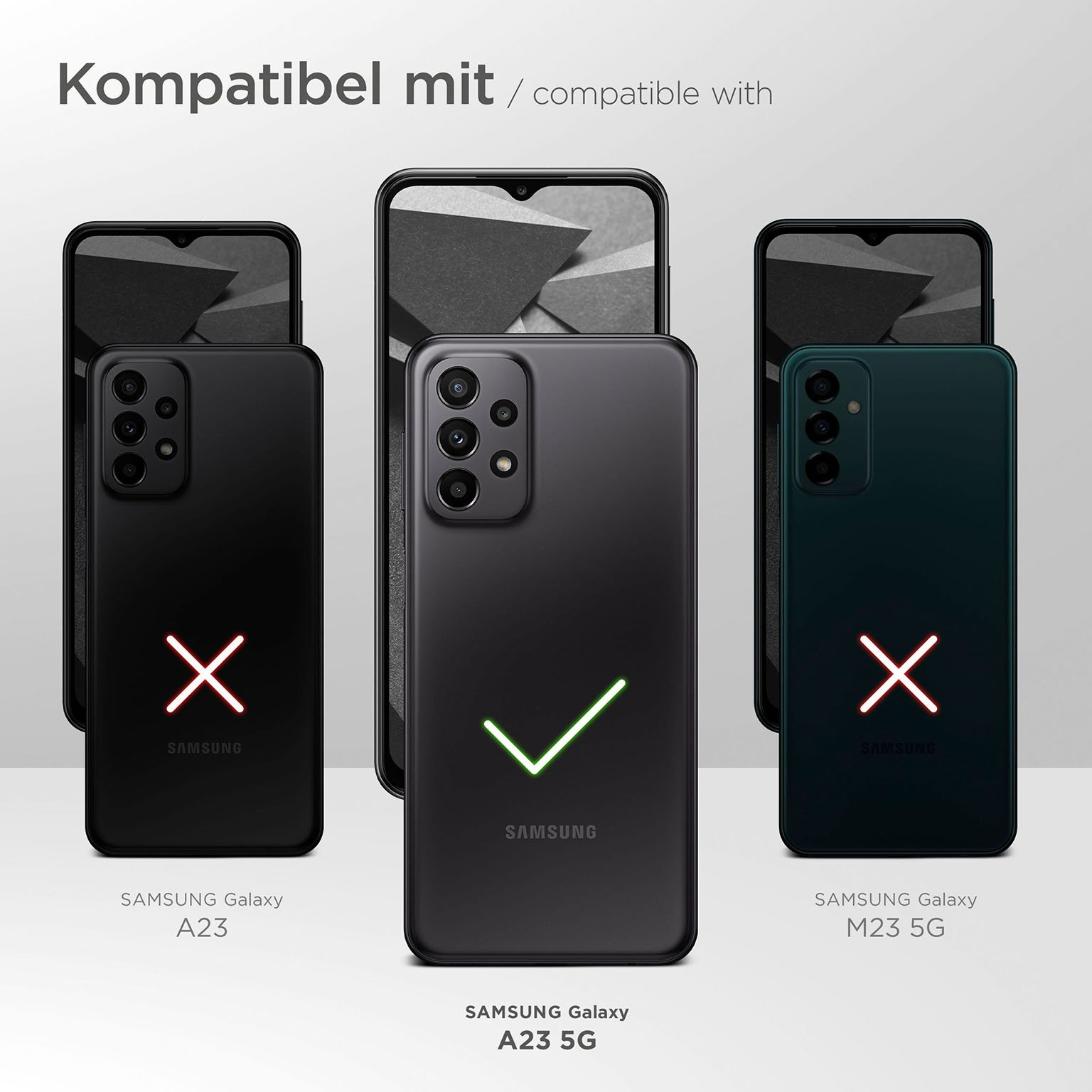 Telefone mit Hüllen, einige mit roten Kreuzen, andere mit grünen Haken, die Kompatibilität anzeigen.