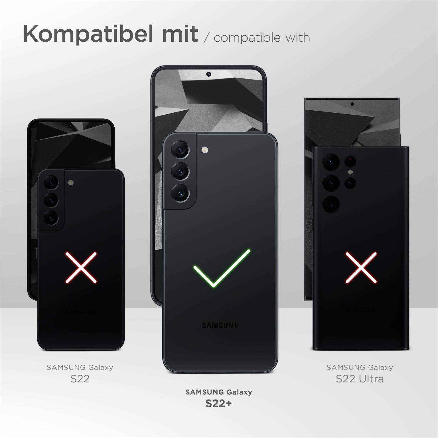 Schwarze Telefone mit Hüllen, Kompatibilitätsgrafik. S22+ mit Haken, S22 und S22 Ultra mit X-Markierungen.