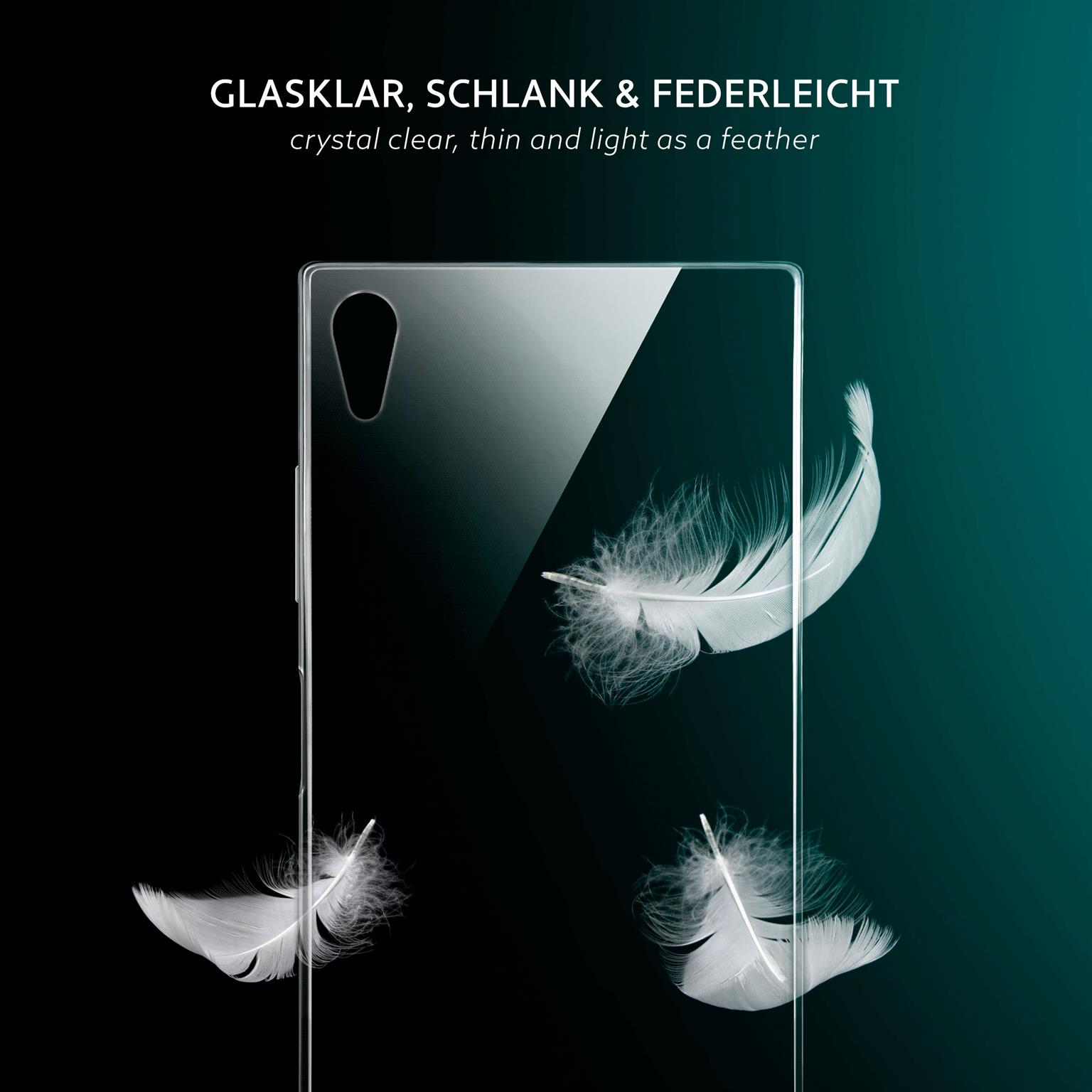 Transparente Handyhülle. Drei weiße Federn schweben. Text: kristallklar, dünn und federleicht.