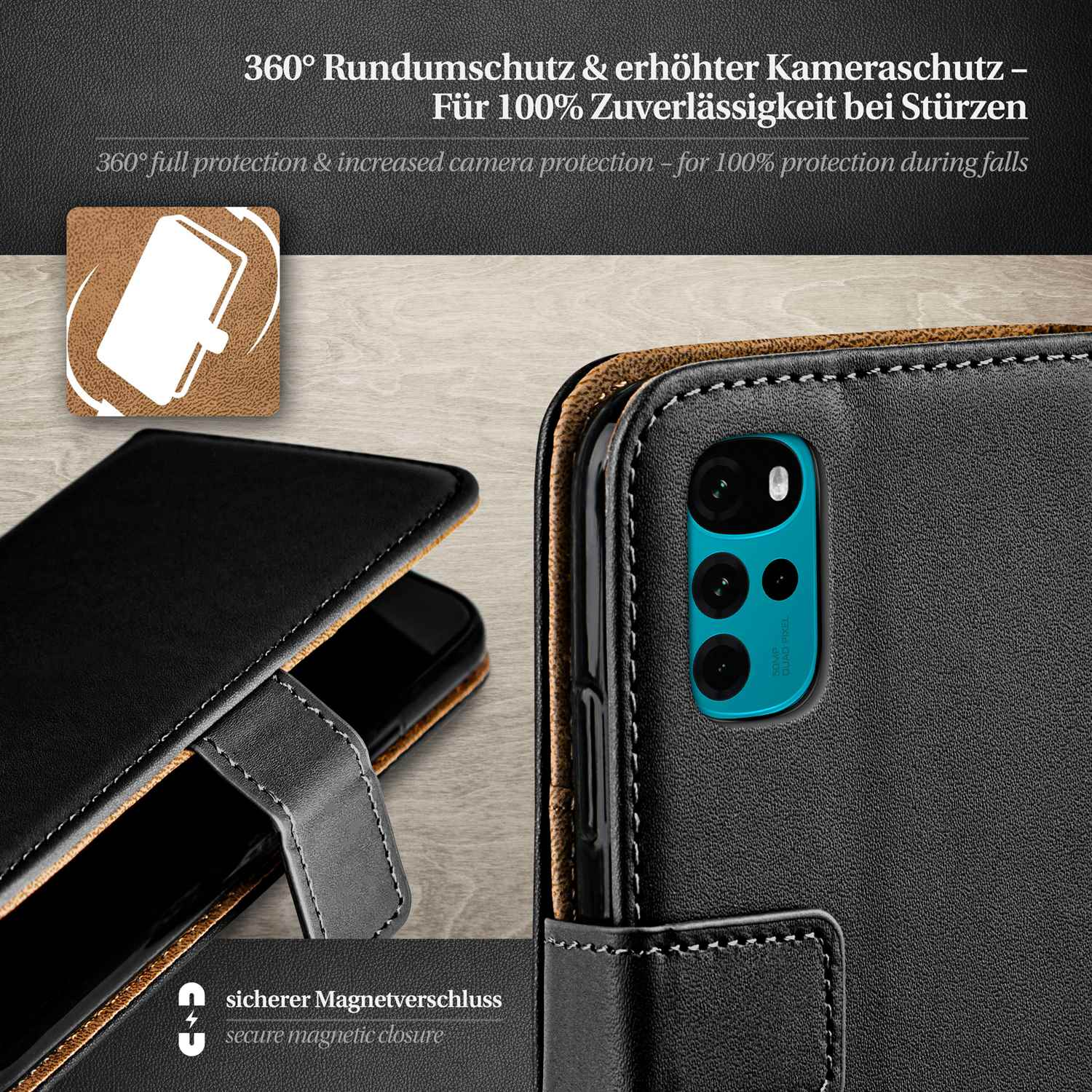 Nahaufnahme einer schwarzen Handyhülle. Geöffnet, Telefon zeigend. Schwarzes Leder und türkise Kamera.