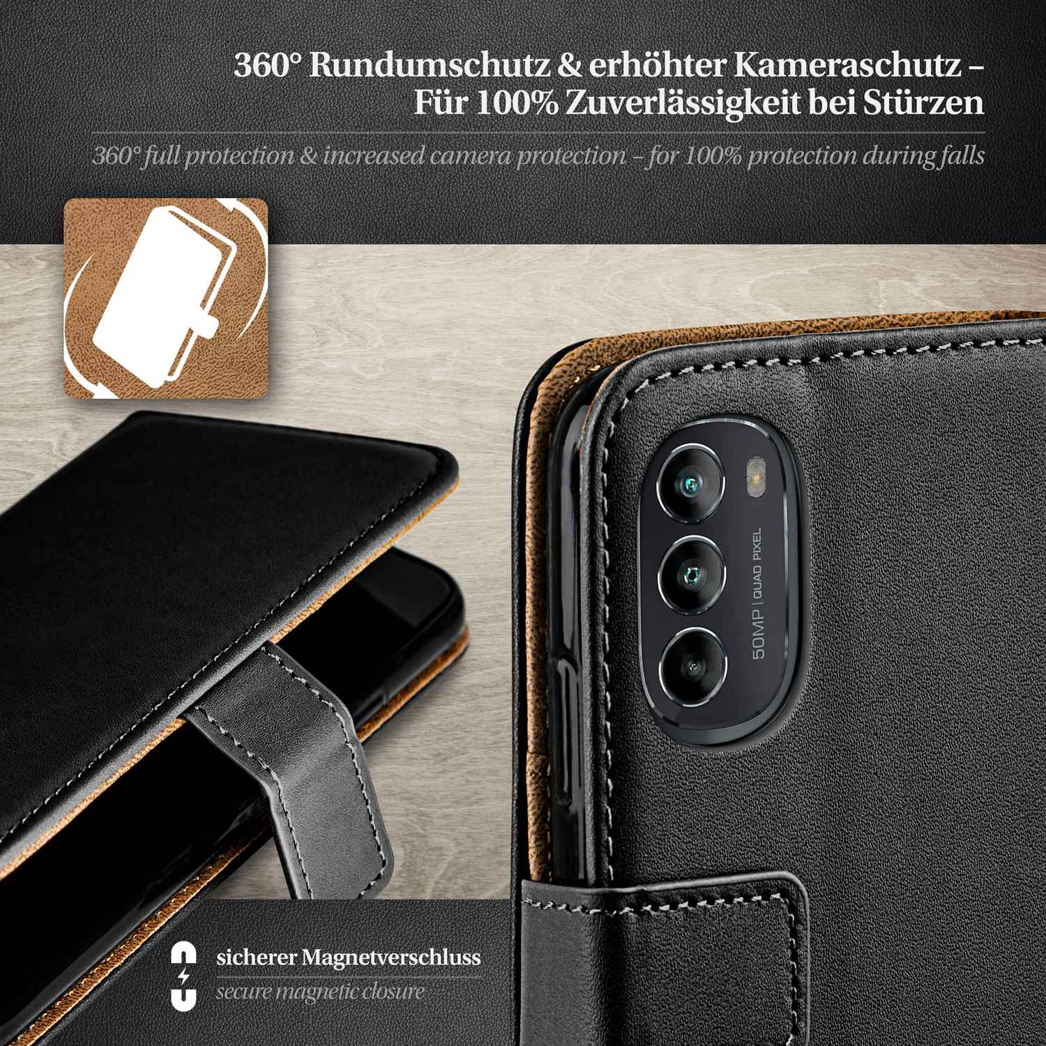 Schwarze Handyhülle mit offener Vorderseite, zeigt die Handykamera. Sicherer Magnetverschluss, schwarzer Hintergrund.