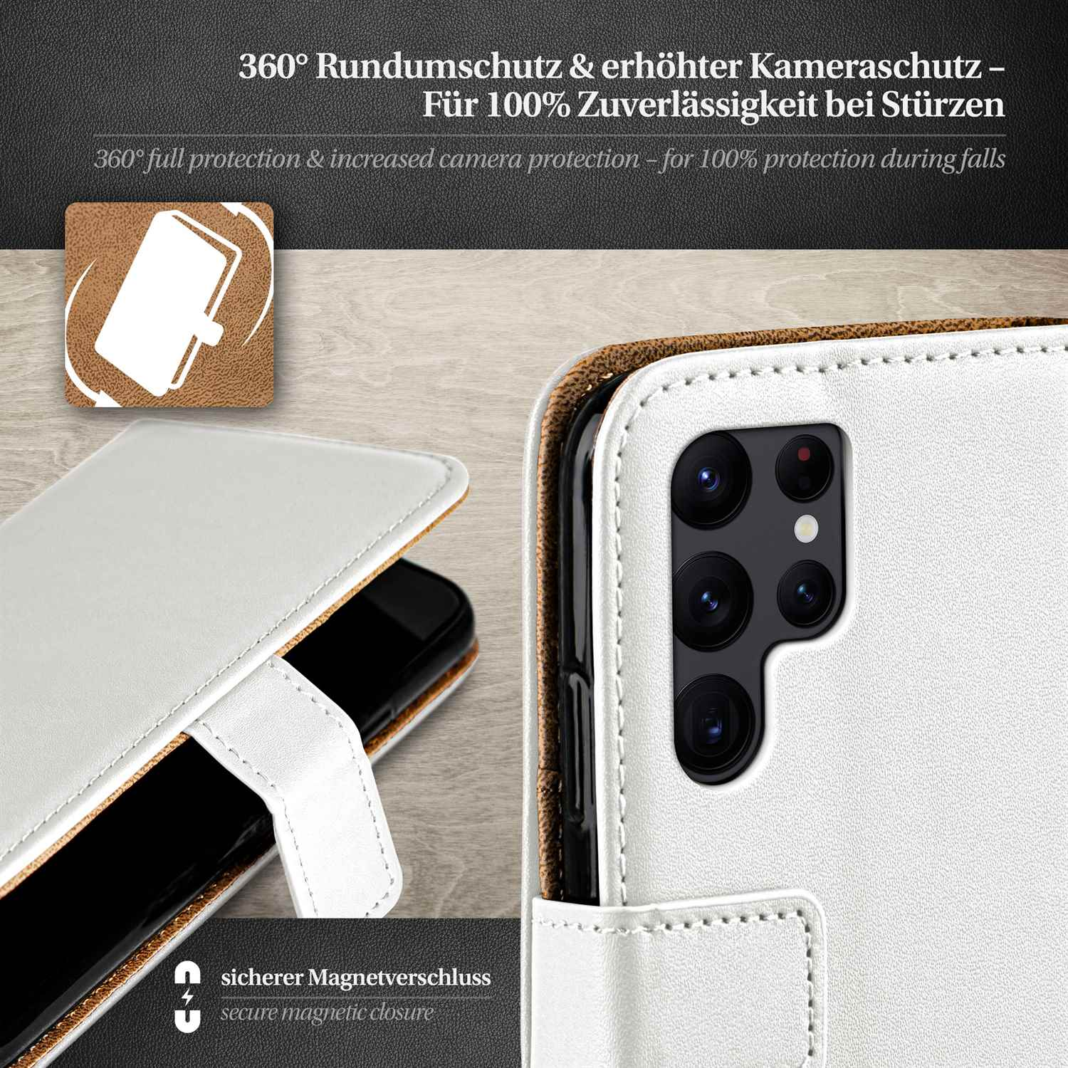 Weiße Handyhülle mit Telefon. Sie hat einen Magnetverschluss.