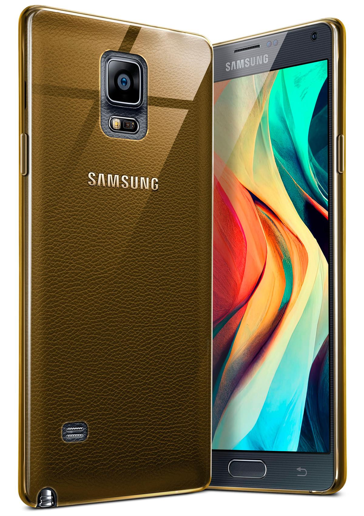 Samsung-Telefon mit brauner Lederhülle, zeigt farbenfrohes, abstraktes Bild.