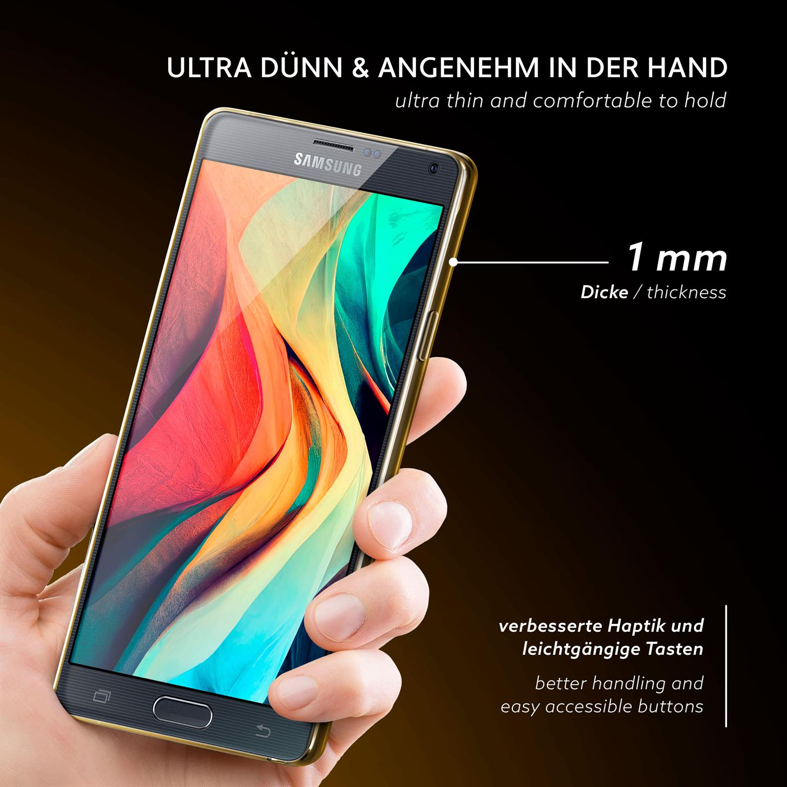 Hand hält Telefon mit goldener Hülle. Text: Ultra dünn und bequem. 1 mm Dicke. Bessere Handhabung und Tasten.