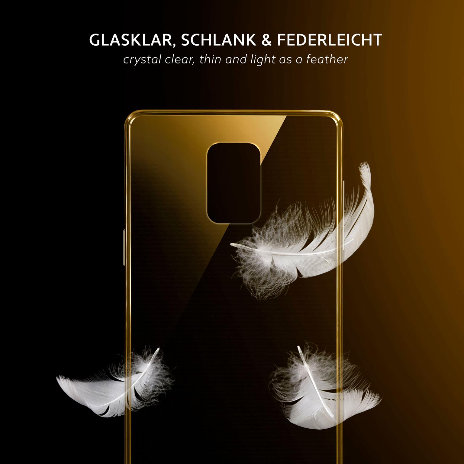 Goldene Handyhülle mit schwarzem Bildschirm und drei weißen Federn auf schwarzem Grund.