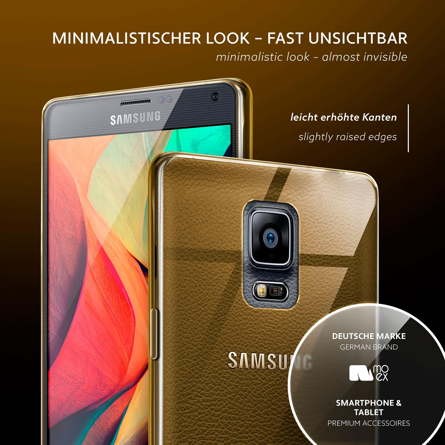 Telefon mit goldener Hülle. Nahaufnahme der Rückseite des Telefons mit Kamera. Text beschreibt das Design.