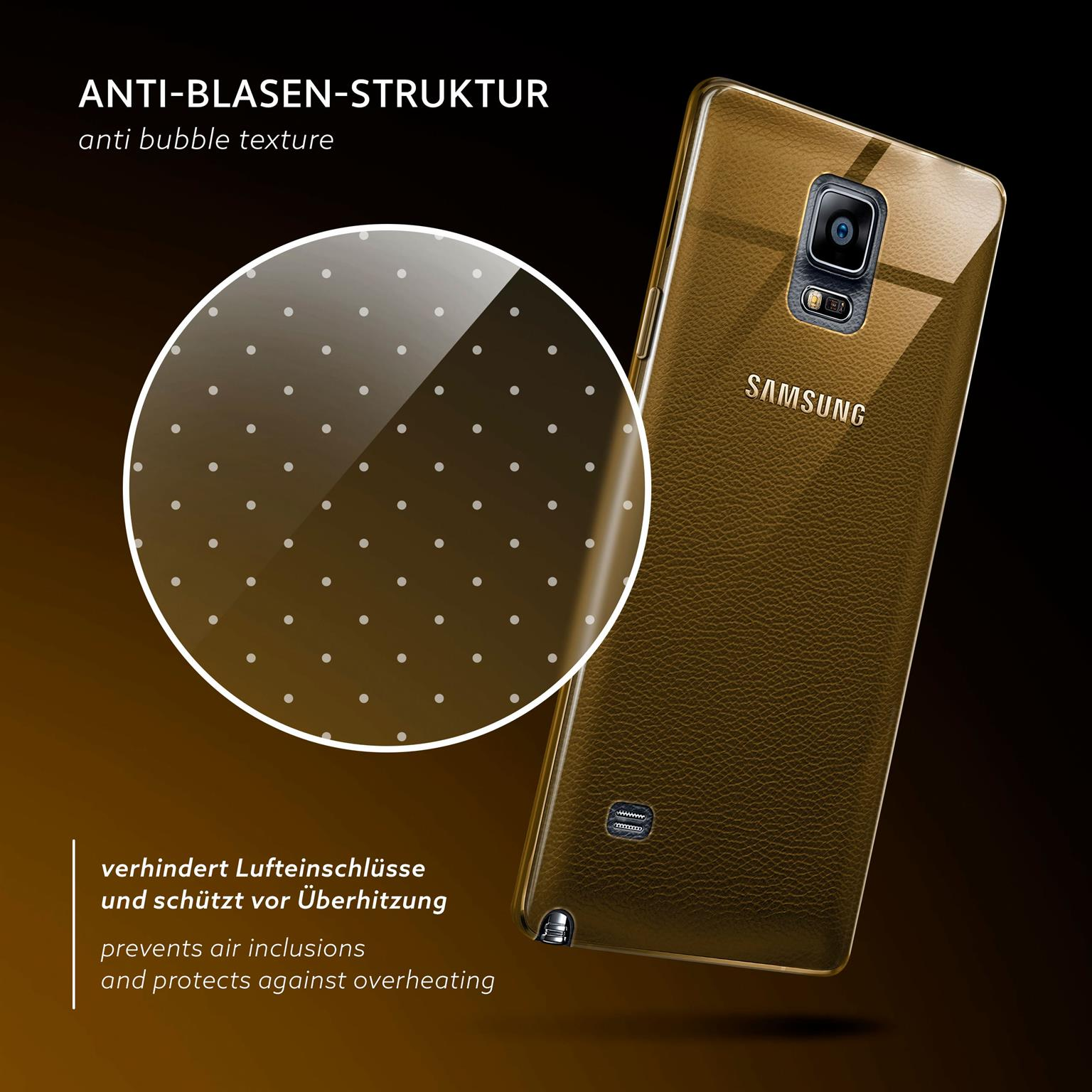 Transparente Handyhülle auf einem Telefon. Text über die Marke und Telefonfunktionen.