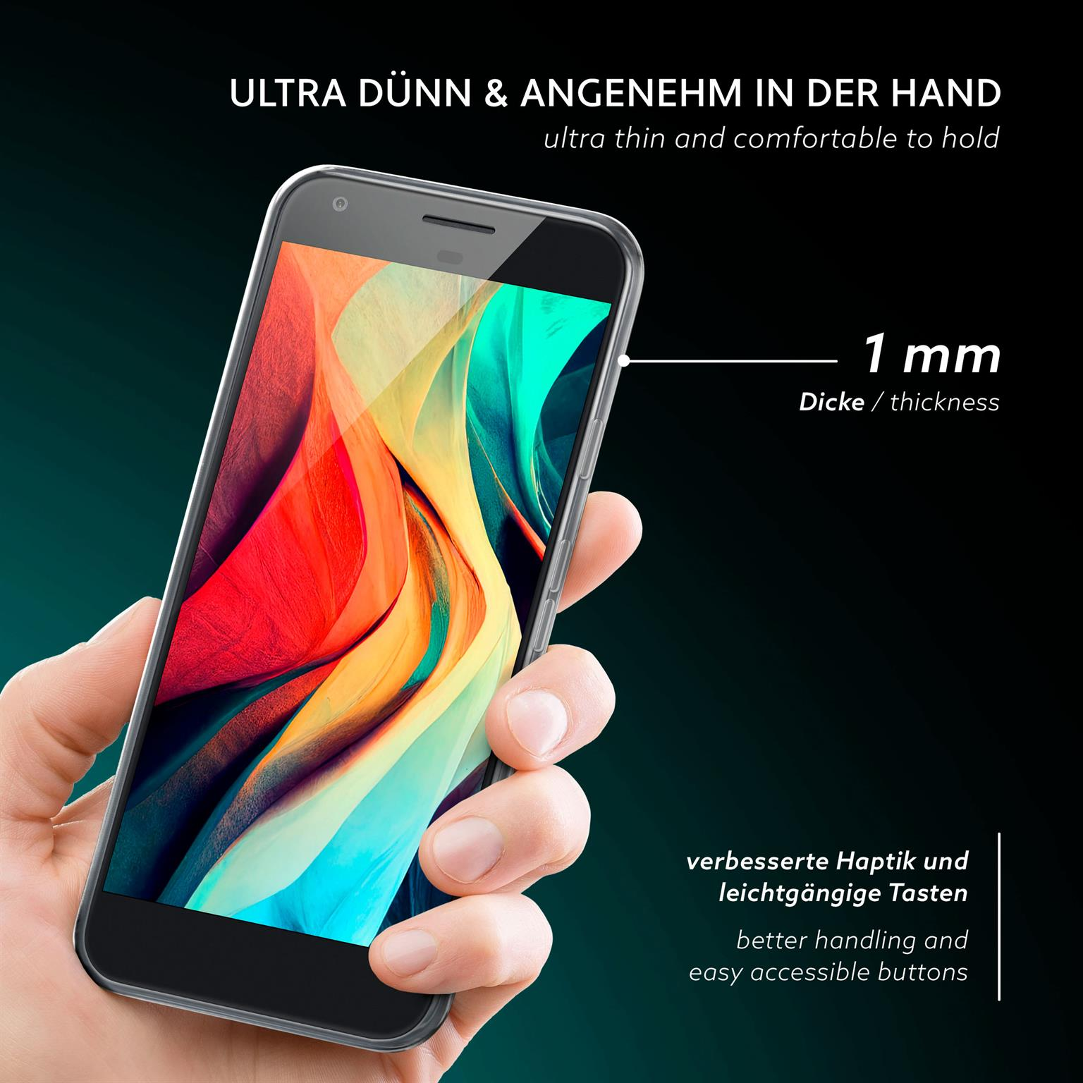 Hand hält Telefon in klarer Hülle. 1 mm Dicke angegeben. Dunkler Hintergrund.