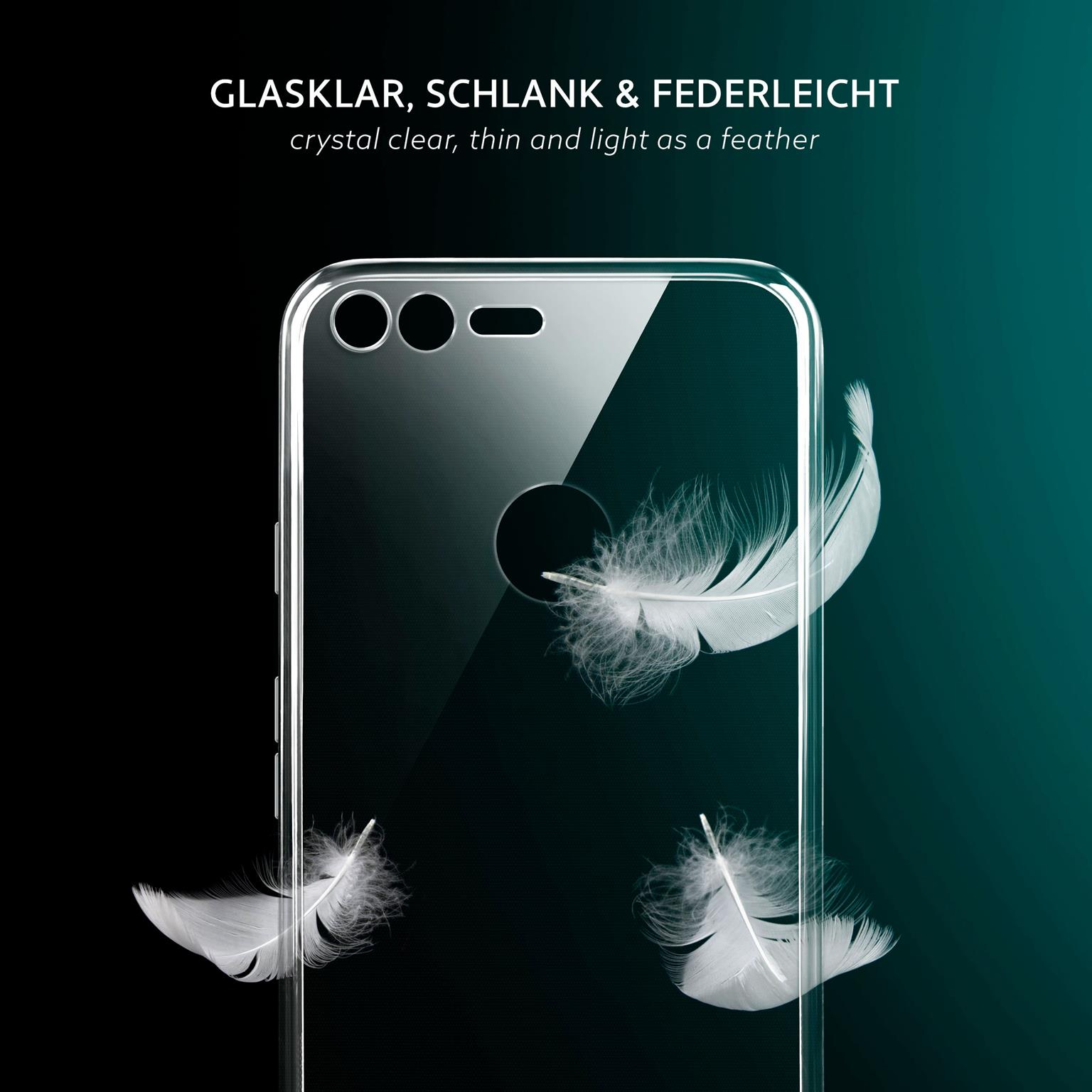 Transparente Handyhülle mit weißen Federn vor dunkelgrünem Hintergrund.