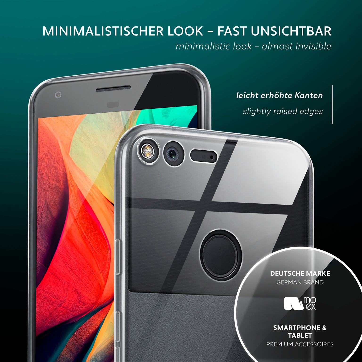 Zwei Telefone nebeneinander. Eine klare Hülle. Text oben und ein Logo unten. Dunkler Hintergrund.