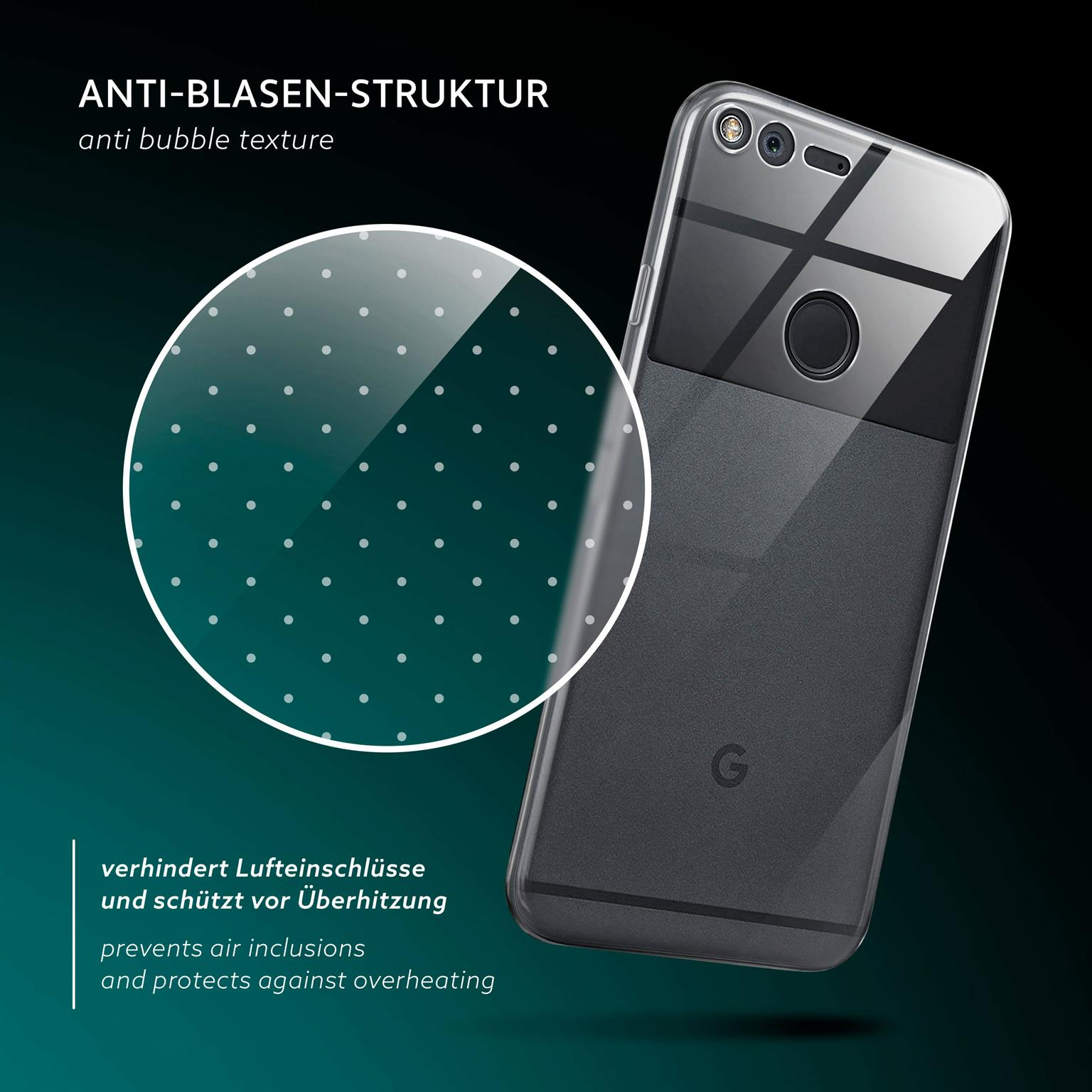 Transparente Handyhülle mit Anti-Blasen-Struktur auf schwarzem Grund.