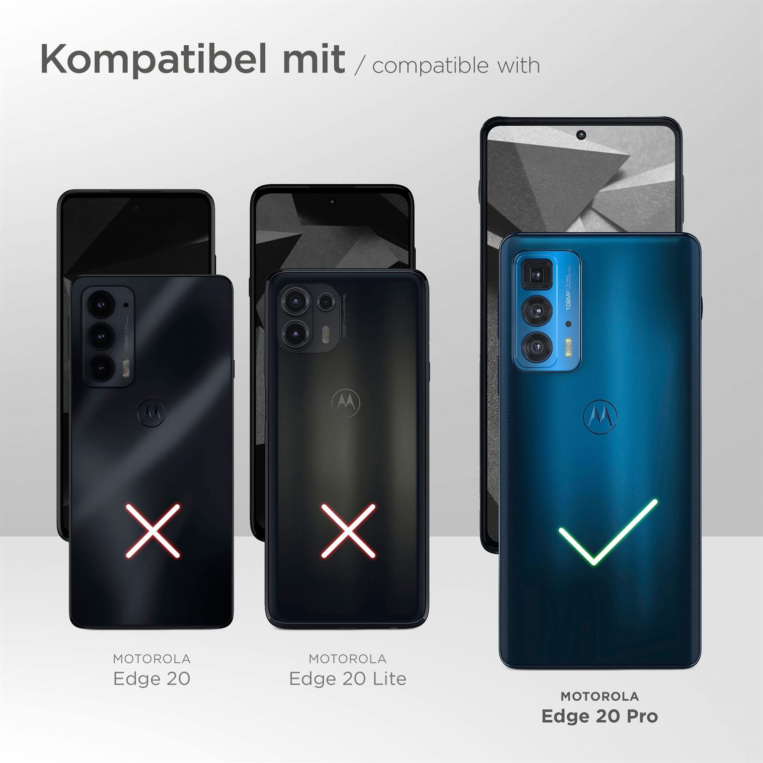 Drei Telefone, nur eines mit Hülle kompatibel. Text: Motorola Edge 20 Pro.