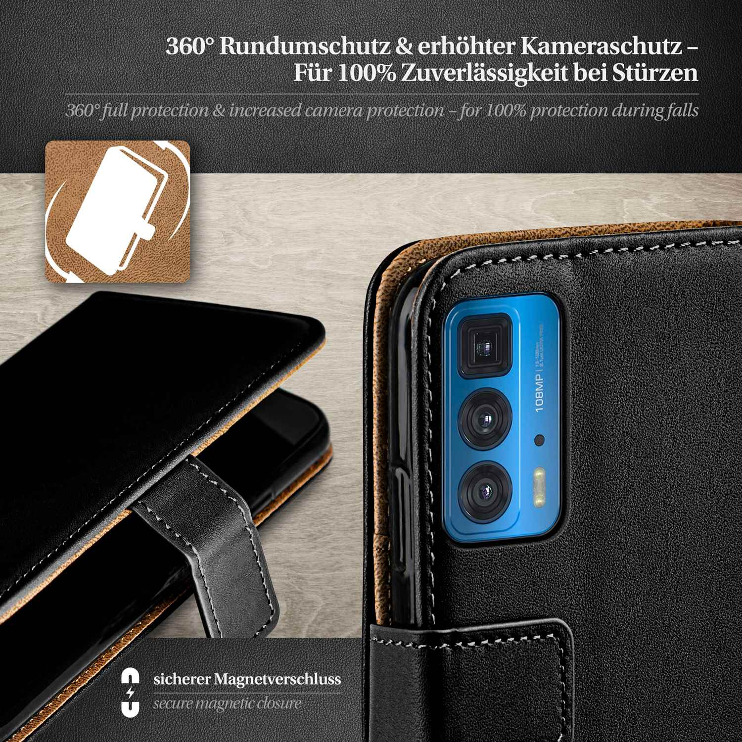 Eine schwarze Handyhülle, geöffnet, um ein Telefon zu zeigen. Sicherer Magnetverschluss wird gezeigt.