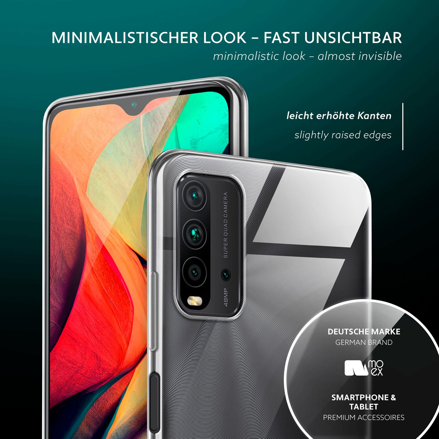 Telefon in einer Hülle. Die Hülle ist transparent. Das Telefon ist silber und schwarz, mit Dreifachkamera.