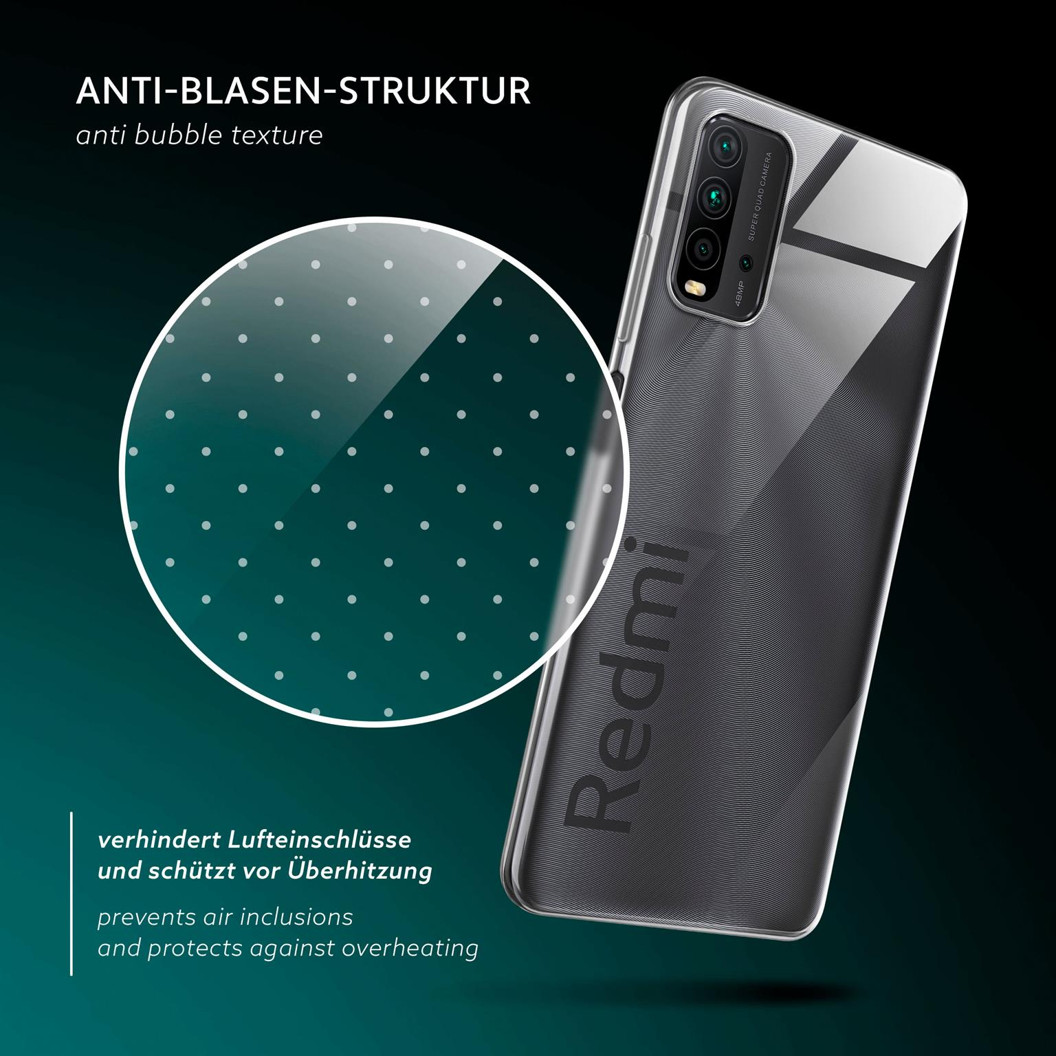 Ein Telefon mit transparenter Hülle. Die Hülle hat eine gepunktete Textur. Der Text lautet Anti-Blasen-Struktur und verhindert Lufteinschlüsse.