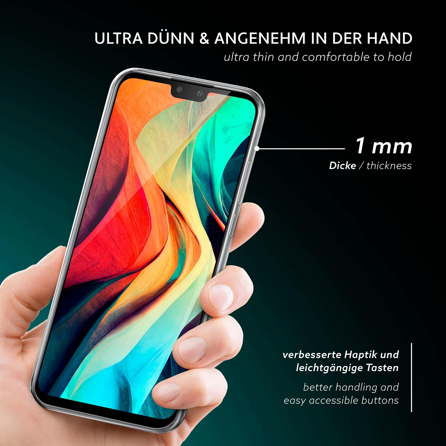 Hand, die ein Telefon in einer durchsichtigen Hülle hält. Text: ultra dünn und angenehm zu halten.
