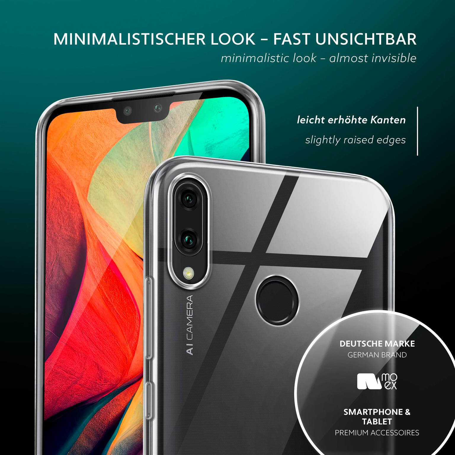 Transparente Handyhülle auf zwei Telefonen, eines zeigt KI-Kamera-Text, dunkler Hintergrund, deutsches Markenlogo.