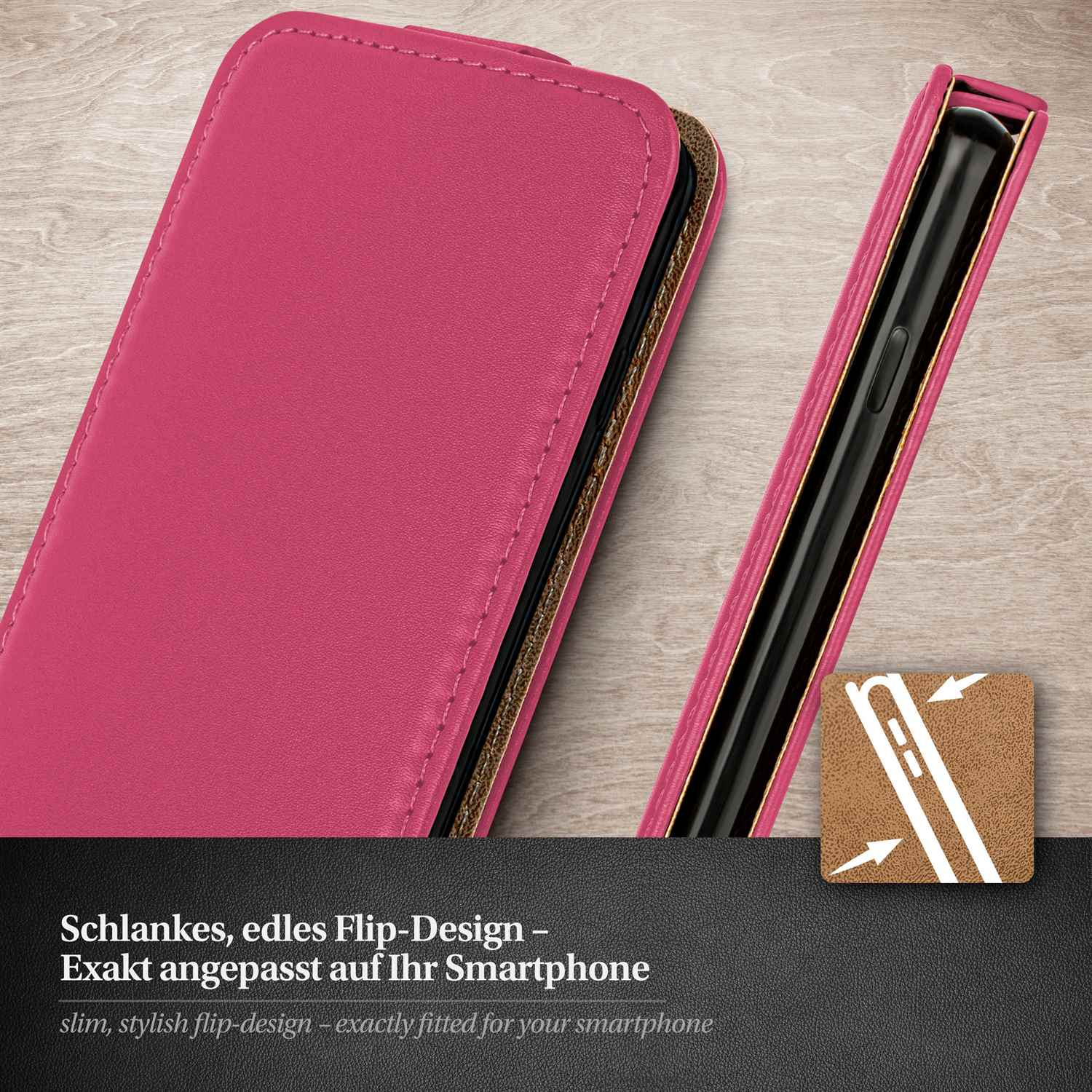 Rosa Handyhülle mit Telefon. Die Hülle hat ein Flip-Design.