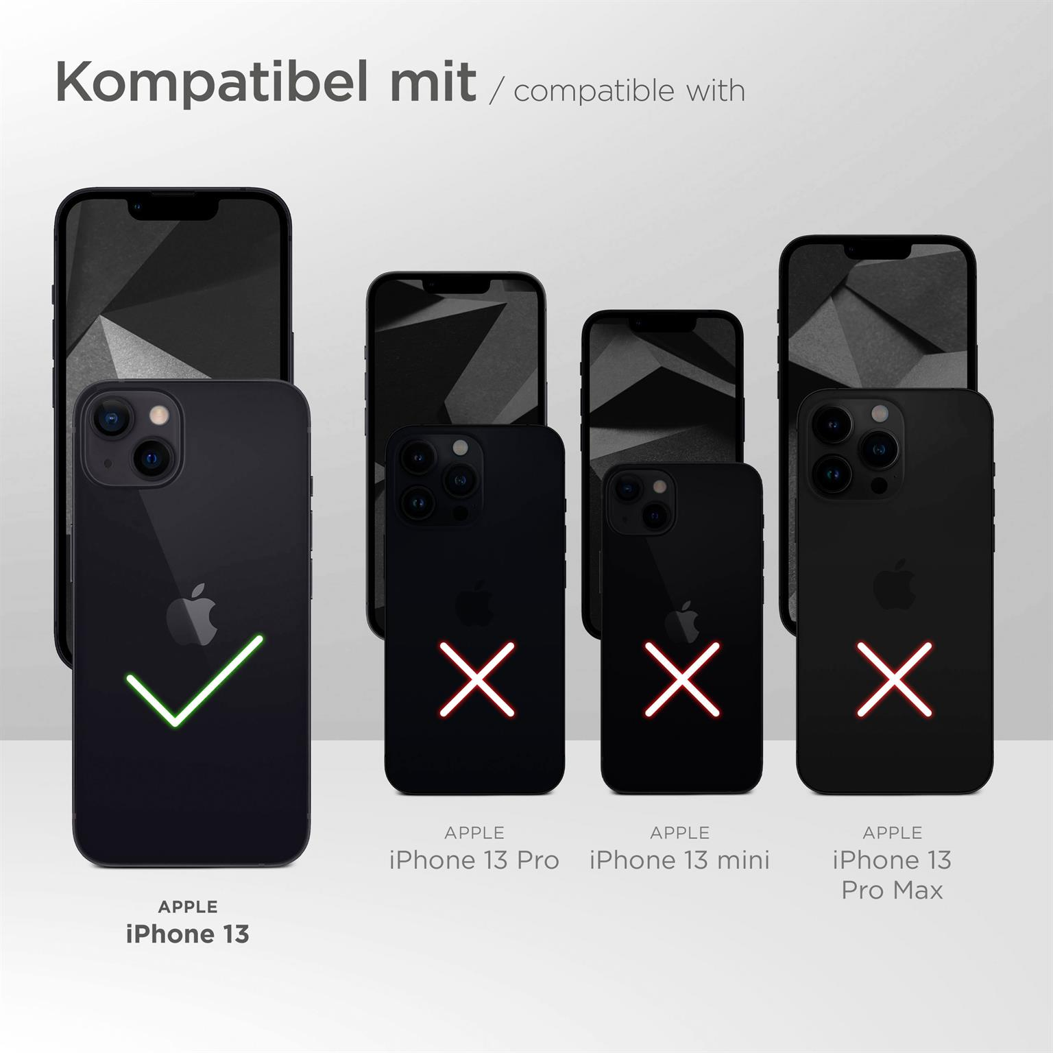 Schwarzes iPhone 13 mit grünem Haken, andere Telefone mit rotem X. Text: Kompatibel mit.