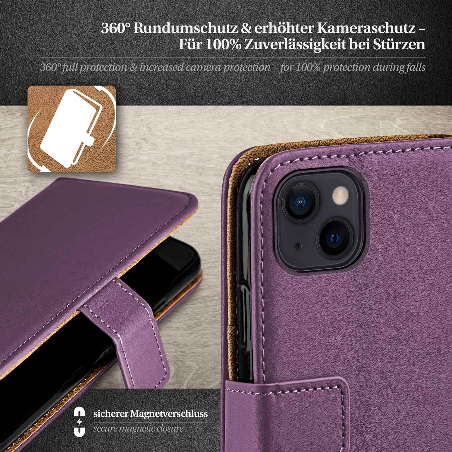 Lila Handyhülle offen, Telefon und Magnetverschluss zeigend. Ein Teil der Hülle ist sichtbar.