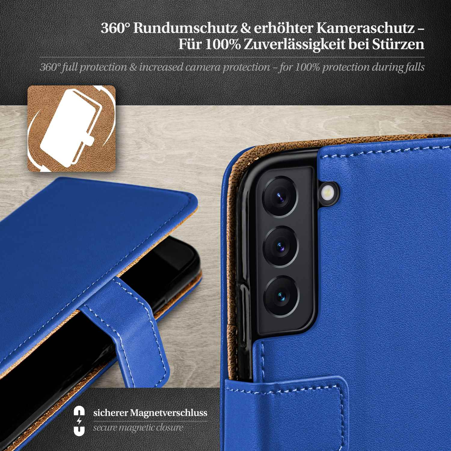 Blaue Handyhülle mit Telefon, zeigt Kamera und Text: 360° Rundumschutz & erhöhter Kameraschutz.