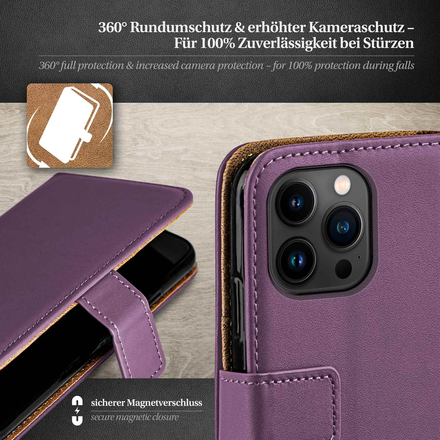 Rosa Handyhülle mit Telefon, Nahaufnahme mit Details, Magnetverschluss.