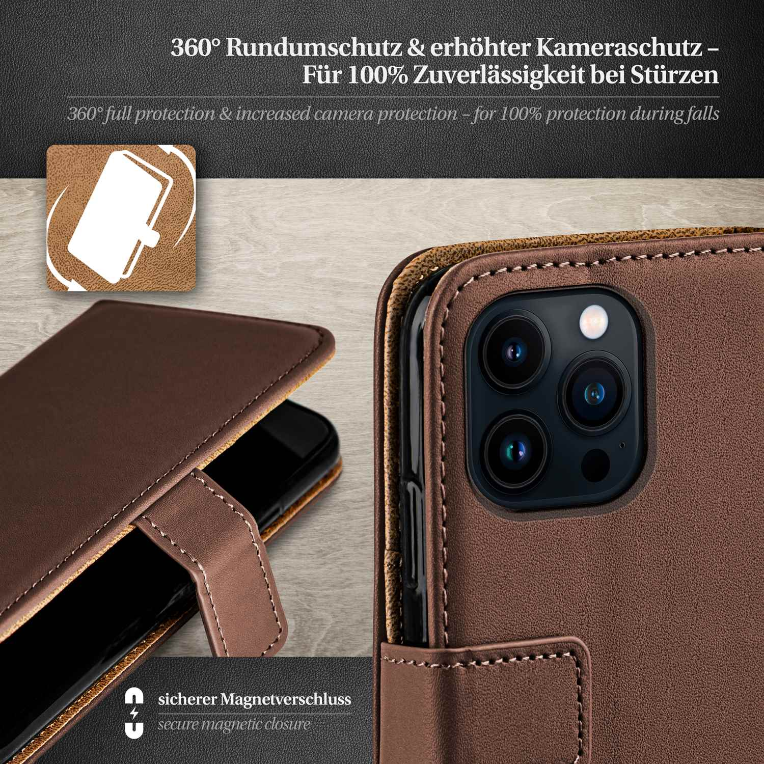 Braune Leder-Handyhülle mit Magnetverschluss, Telefon innen, auf dunkelbrauner Oberfläche.
