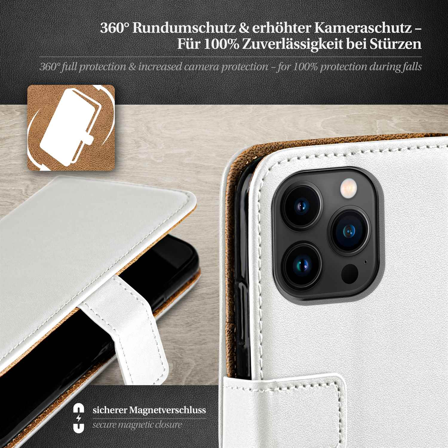 Nahaufnahme einer weißen Handyhülle zeigt einen Magnetverschluss und die Kamera des Telefons. Text: 360° Schutz.