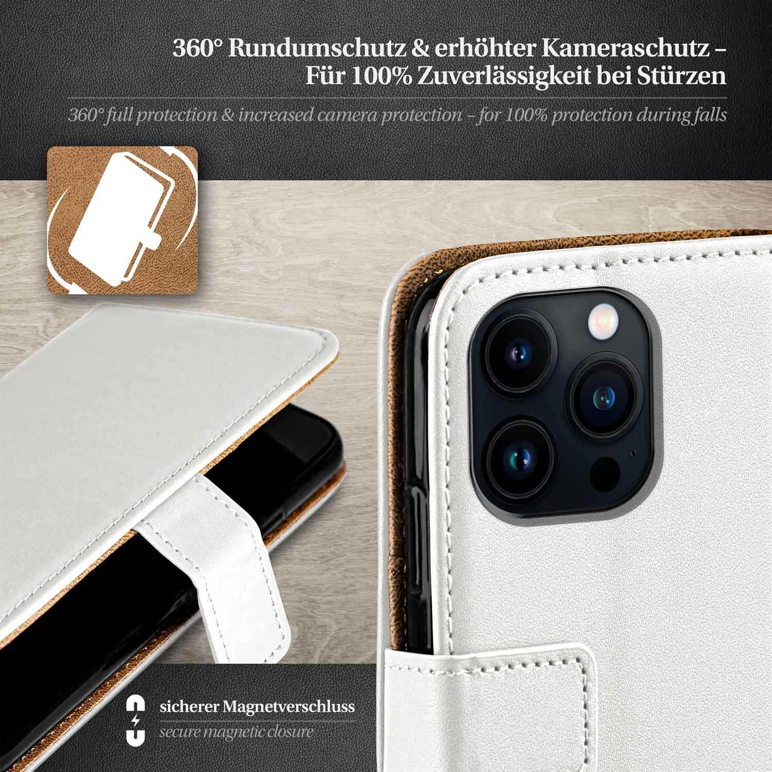 Weiße Handyhülle mit schwarzem Telefon. Details: Kamera, Magnetverschluss, 360° Schutz. Text: Kameraschutz.