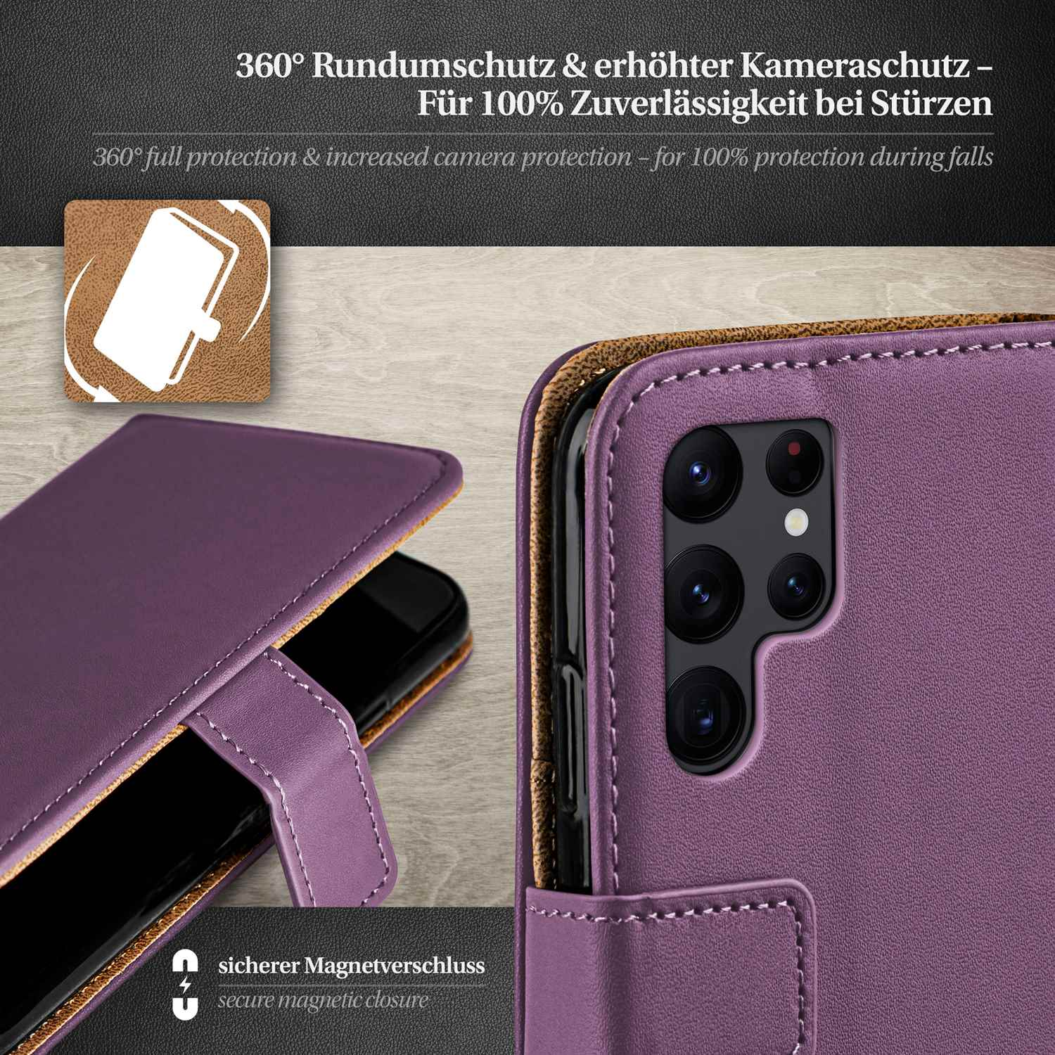 Eine lila Handyhülle mit einem Telefon darin, die Kamera und einen Magnetverschluss zeigend.
