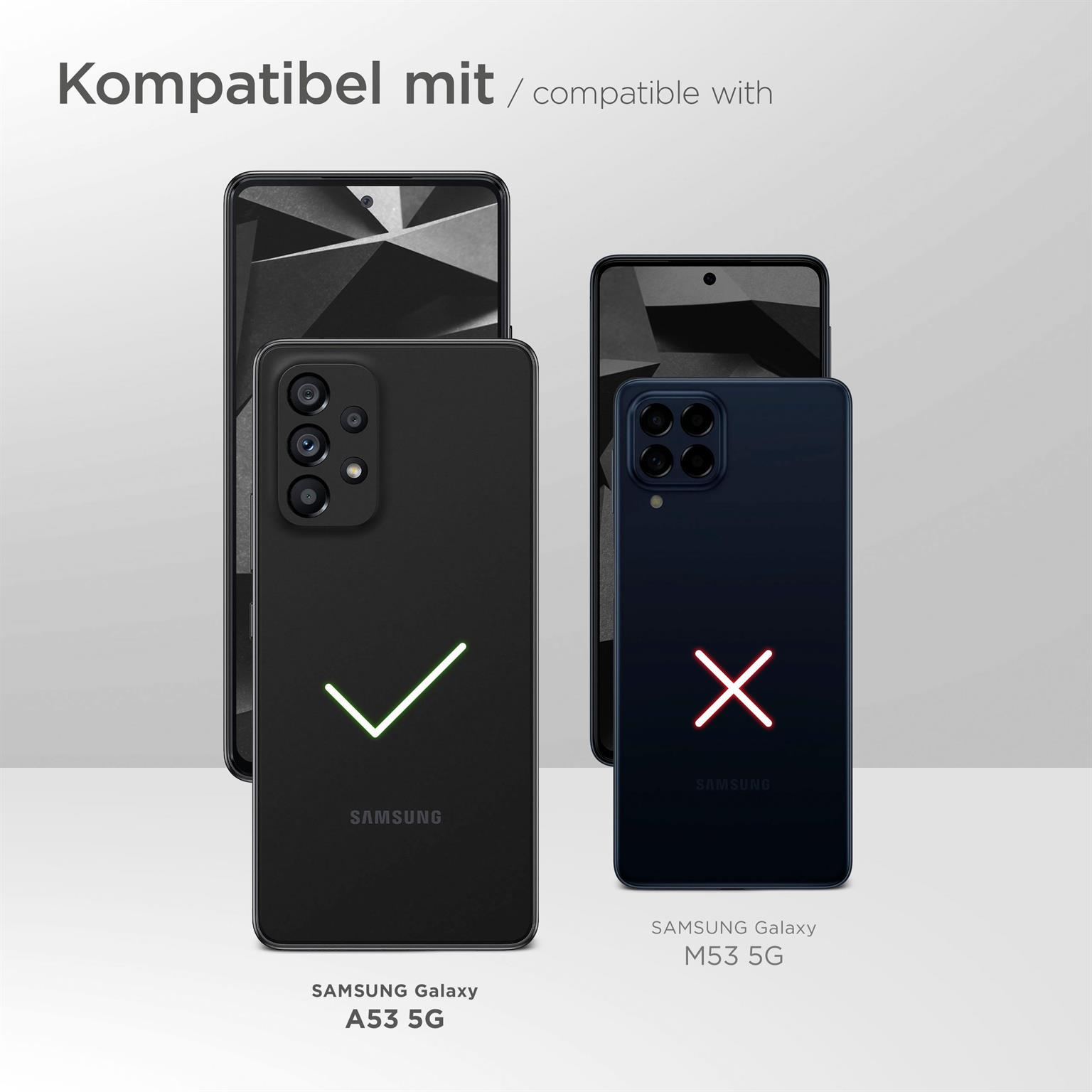 Zwei Handys, eins mit Haken, eins mit X. Text: Kompatibel mit, zeigt Samsung Galaxy A53 5G und M53 5G.