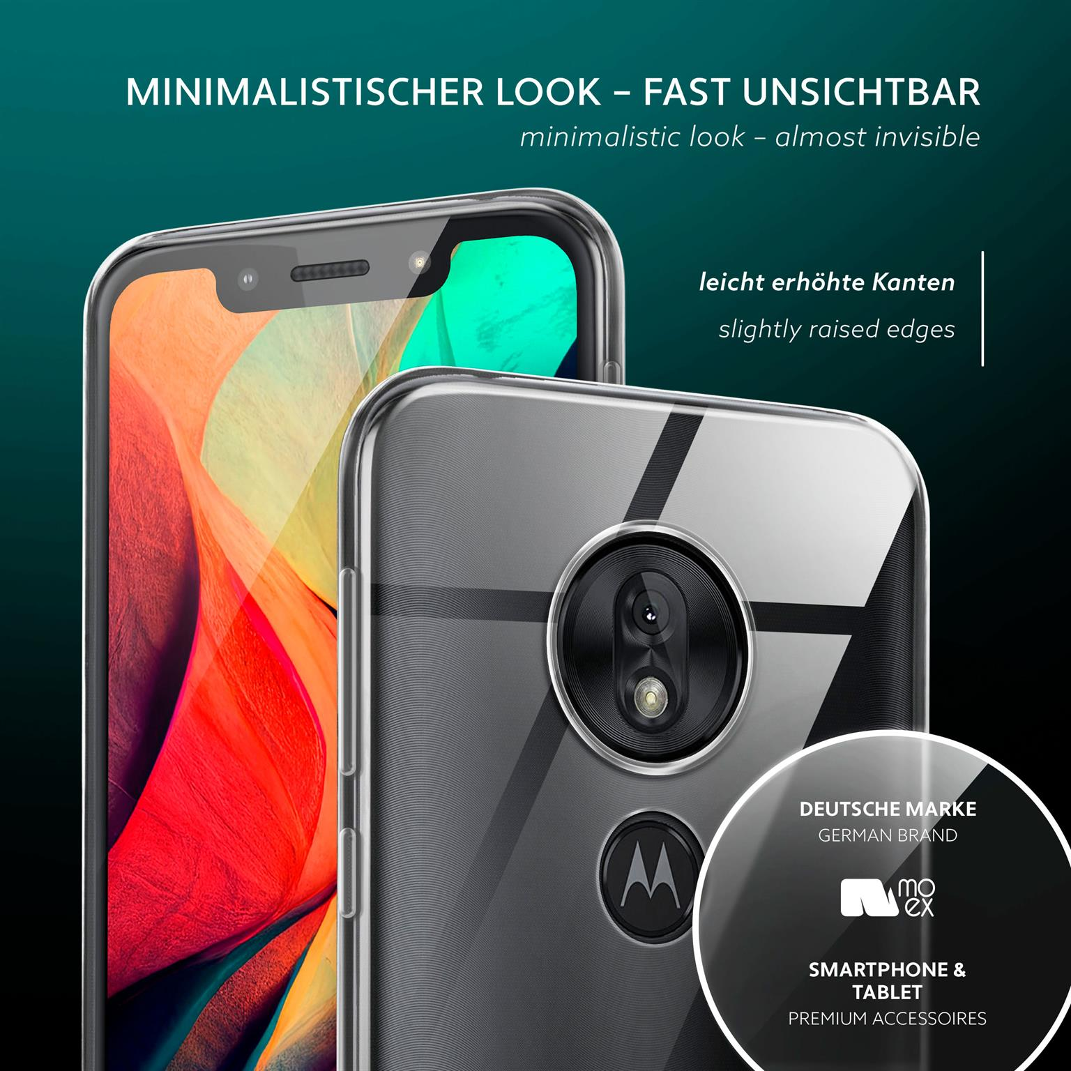 Zwei Telefone mit klaren Hüllen. moex Logo mit 'German Brand'. Text: 'minimalistischer Look - fast unsichtbar'.