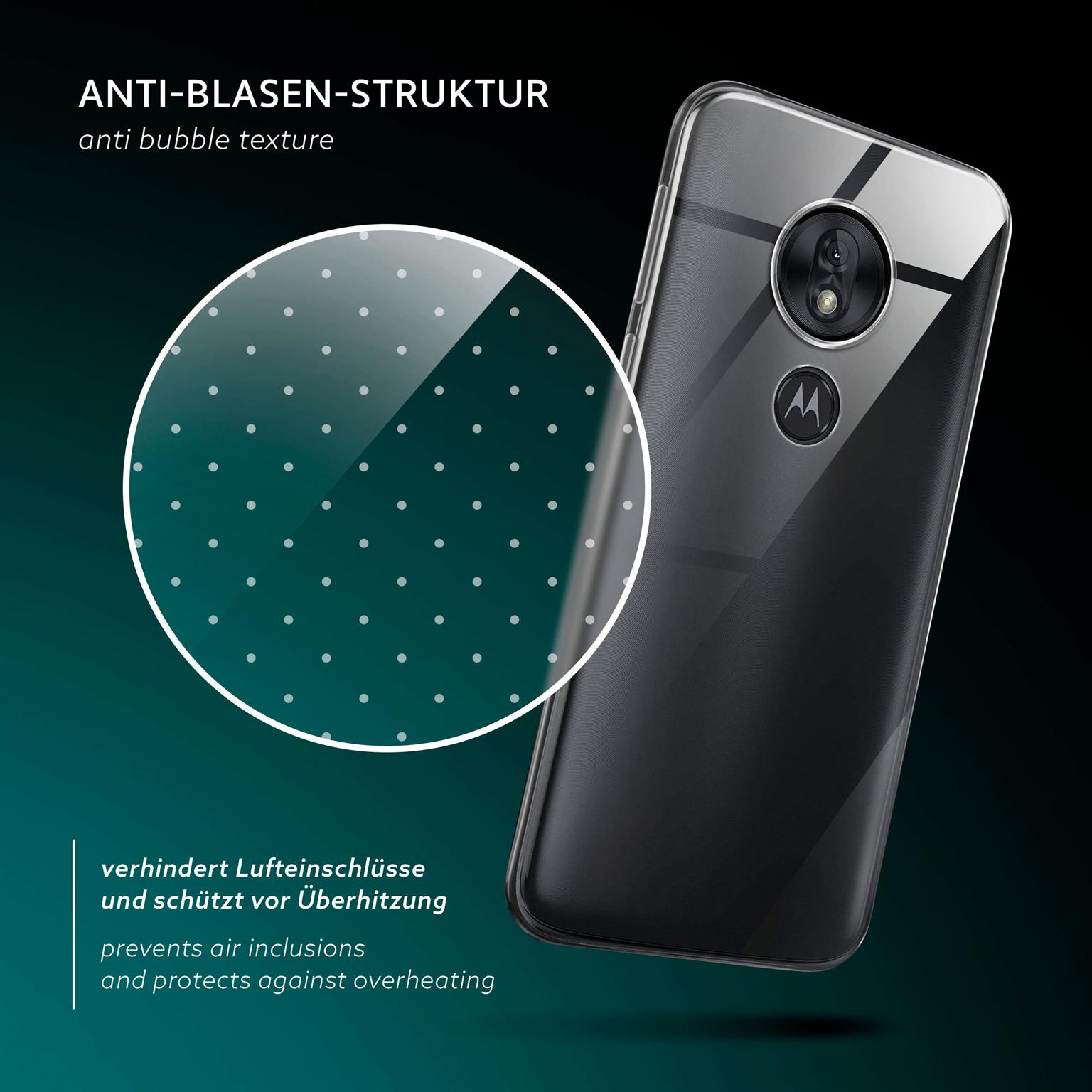 Transparente Handyhülle mit Anti-Blasen-Struktur auf schwarzem Grund.