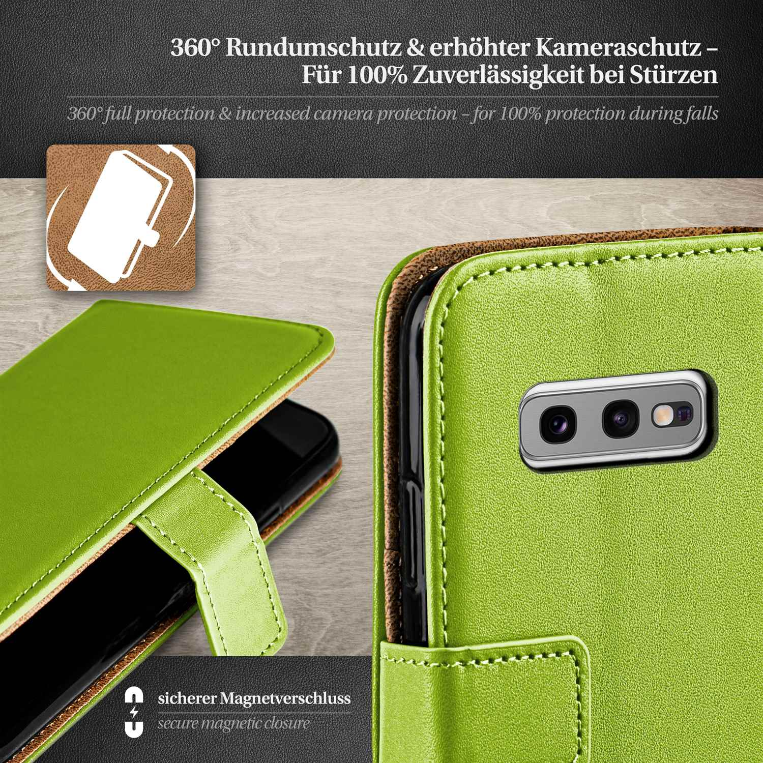 Grüne Handyhülle, offen mit Handy. Braune Lederausstattung mit Text.