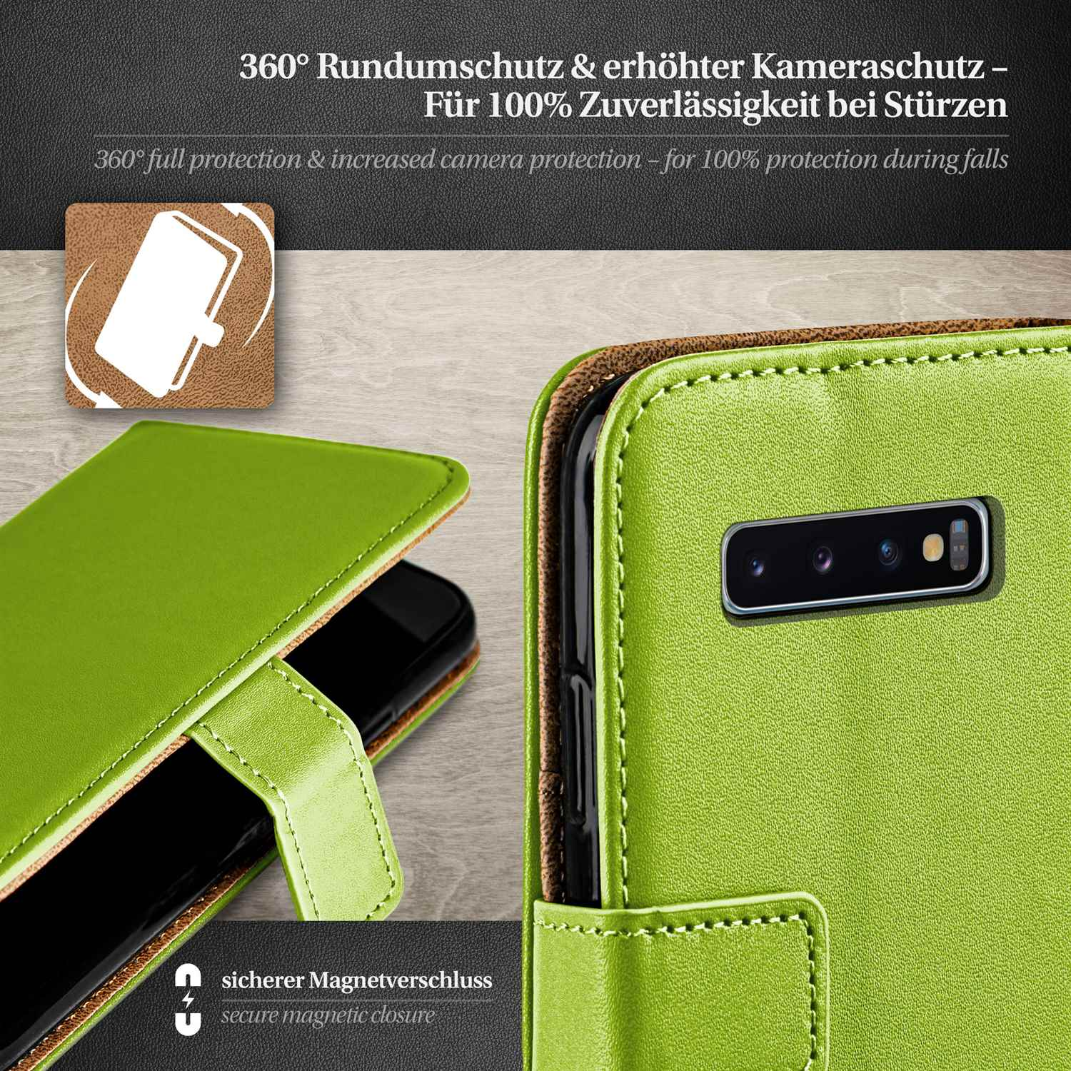 Grüne Handyhülle mit einem Telefon darin. Text: 360° Schutz und erhöhter Kameraschutz. Sicherer Magnetverschluss.